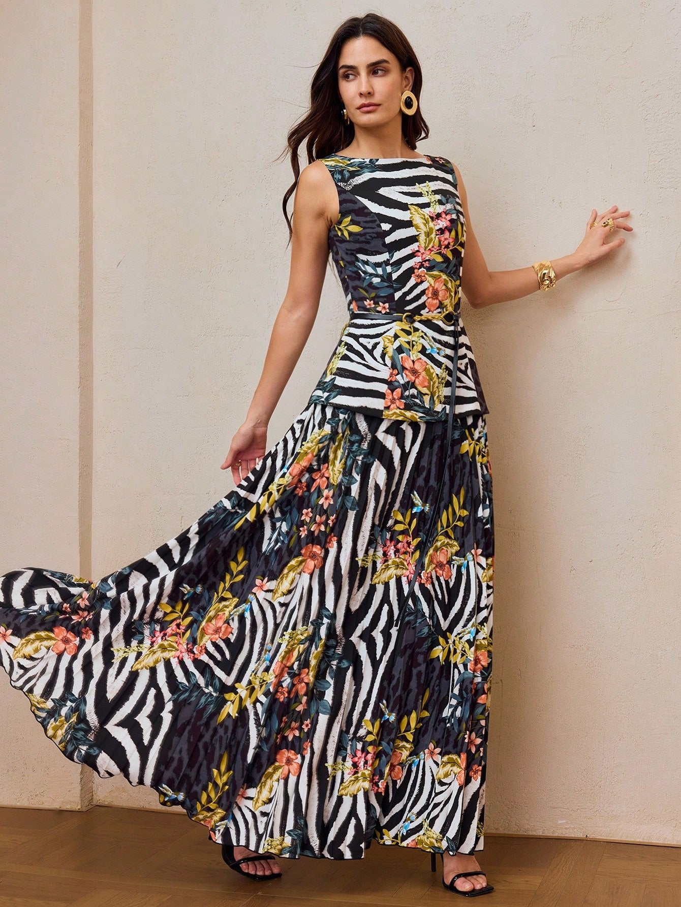 CM-DS902477 Women Elegant Seoul Style Round Neck Sleeveless Floral Print Zebra Stripe Dress