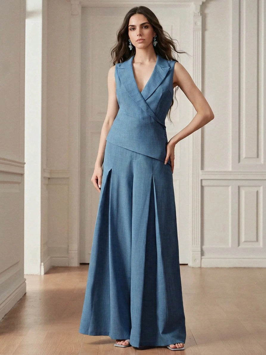 CM-SS917104 Women Elegant Seoul Style V-Neck Sleeveless Vest Top With Loose Wide Leg Pants - Set