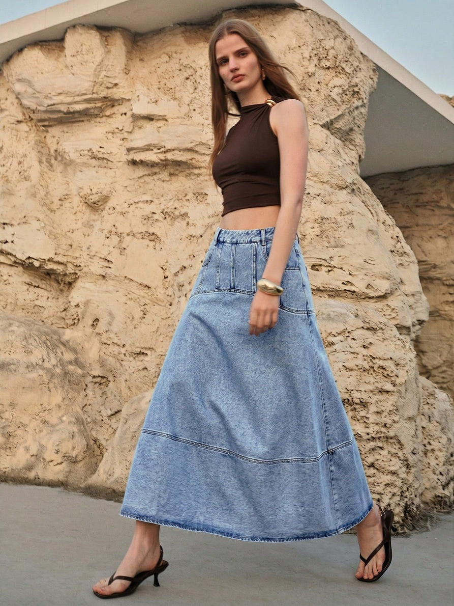 CM-BS315257 Women Casual Seoul Style Medium Wash Mid Waist Slant Pocket A-Line Long Denim Skirt