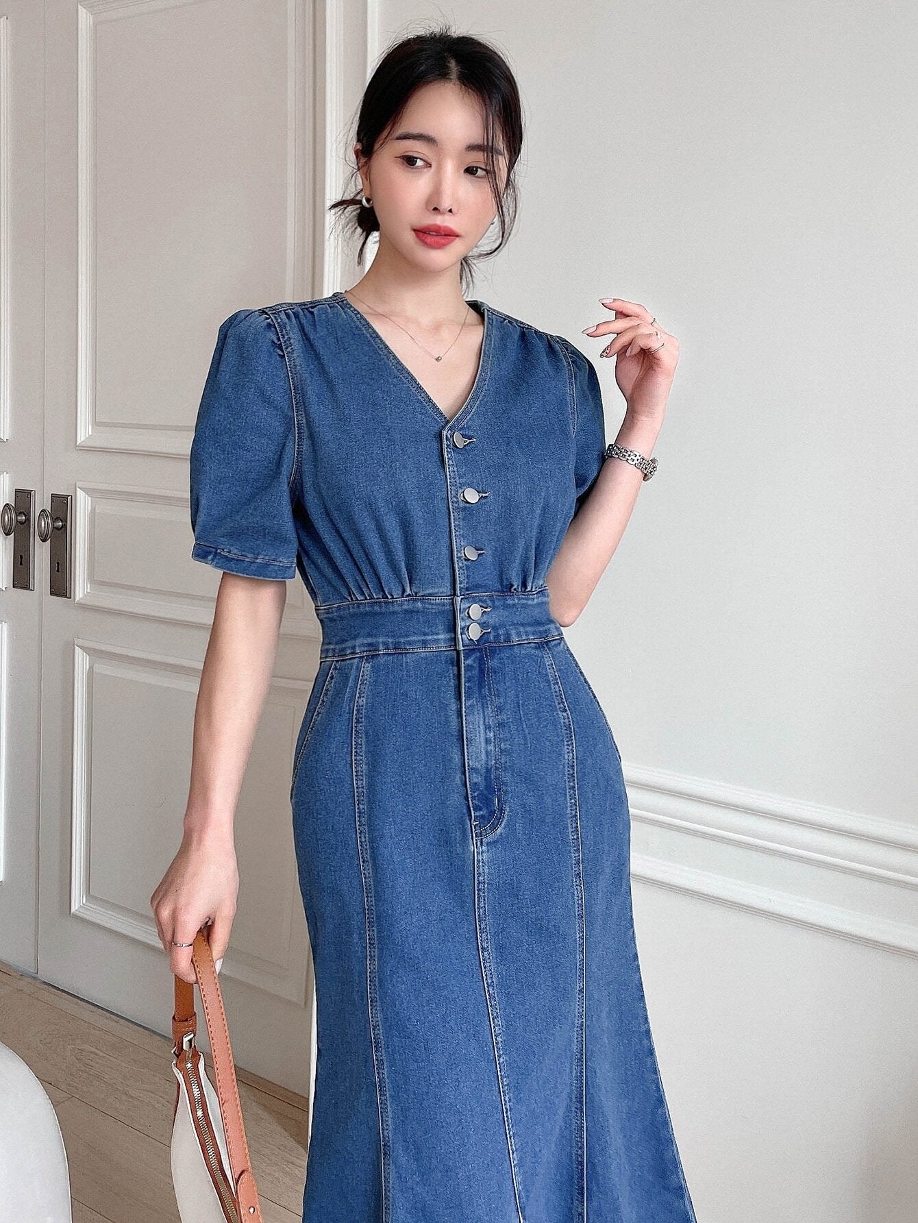 CM-DS299323 Women Preppy Seoul Style Dark Wash Puff Sleeve Button Front Denim Dress