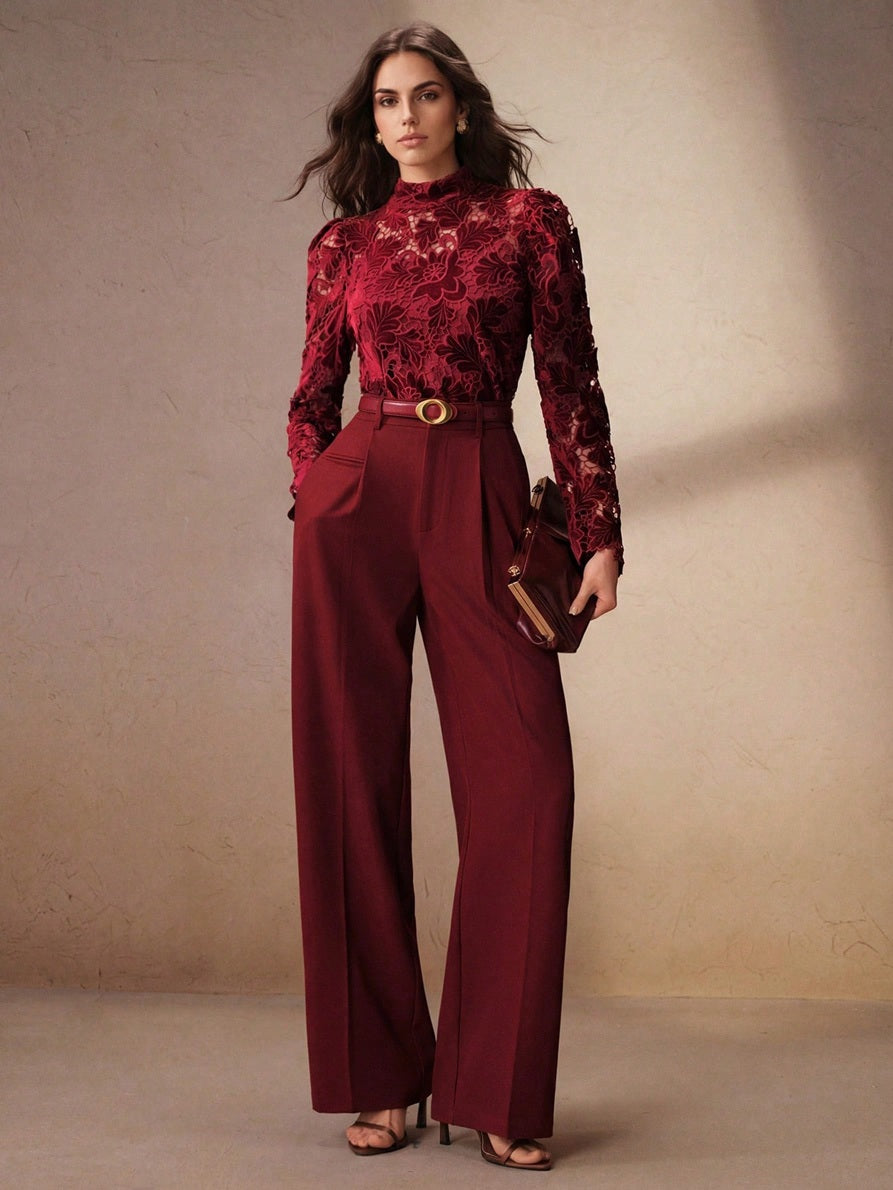 CM-TS198442 Women Elegant Seoul Style Stand Collar Long Sleeve Hollow-Out Burnout Top - Burgundy