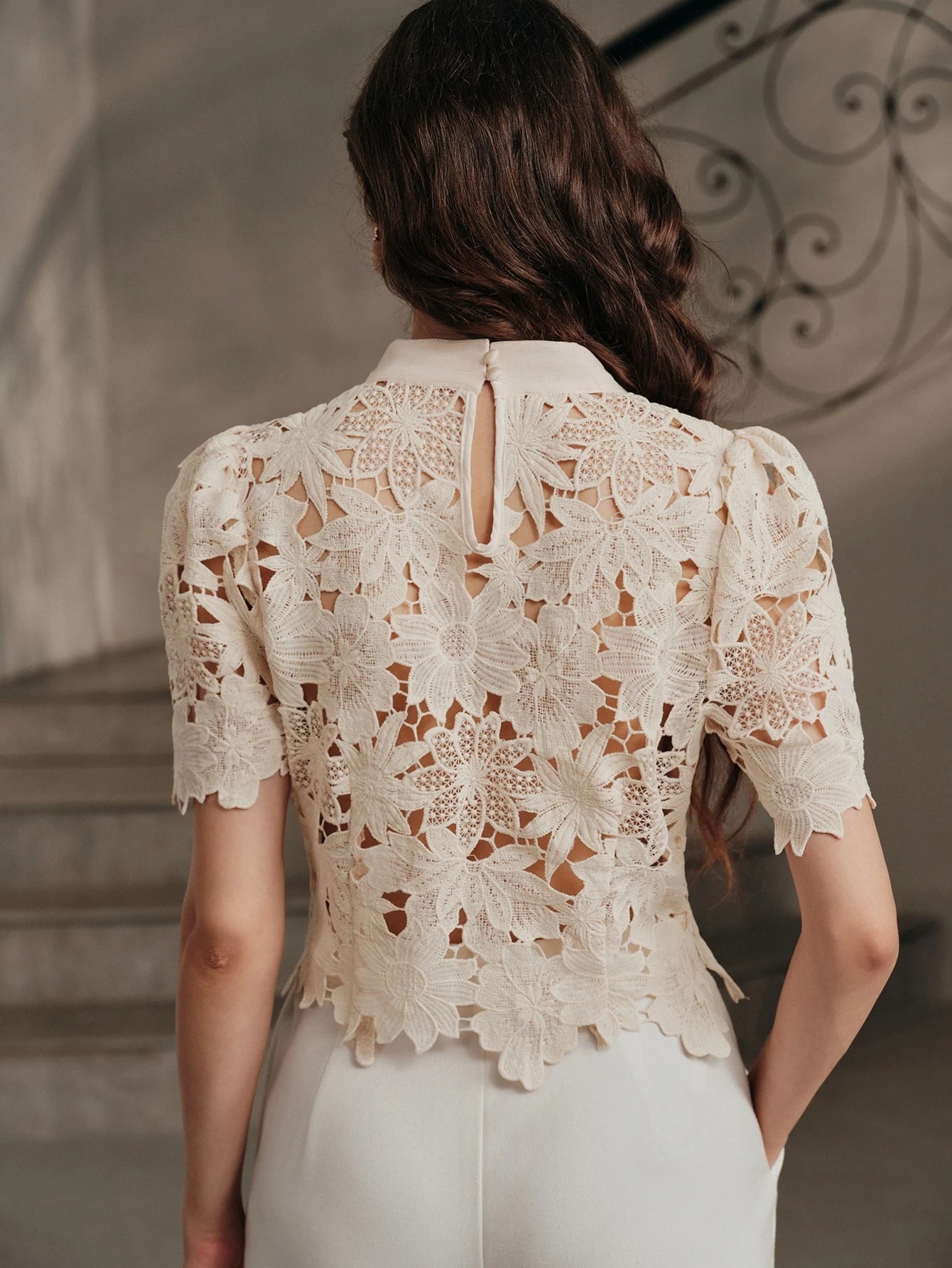 CM-TS163047 Women Elegant Seoul Style Tie Neck Puff Sleeve Hollow Lace Bowknot Blouse - Apricot