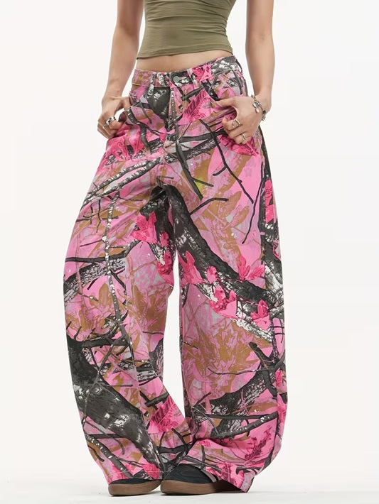 CM-BT141791 Women Casual Seoul Style Mid Waist Graffiti Maple Leaf Print Loose Wide Leg Jeans