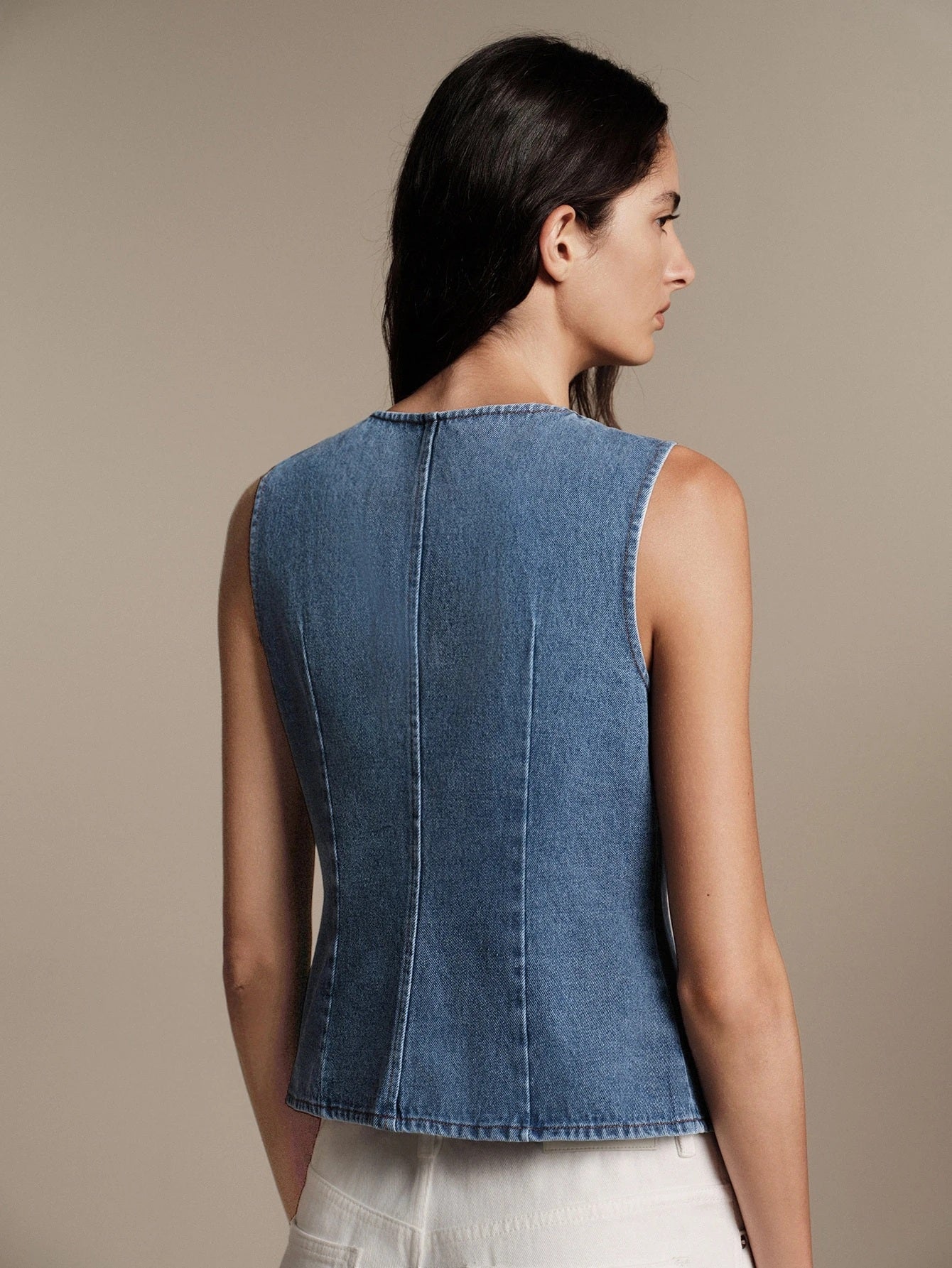 CM-BS249192 Women Casual Seoul Style Round Neck Sleeveless Waist-Cinching Asymmetrical Denim Vest - Baby Blue