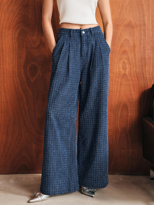 CM-BS945906 Women Elegant Seoul Style Mid Waist Pleated Wide Leg Loose Denim Jeans With Pockets - Navy Blue