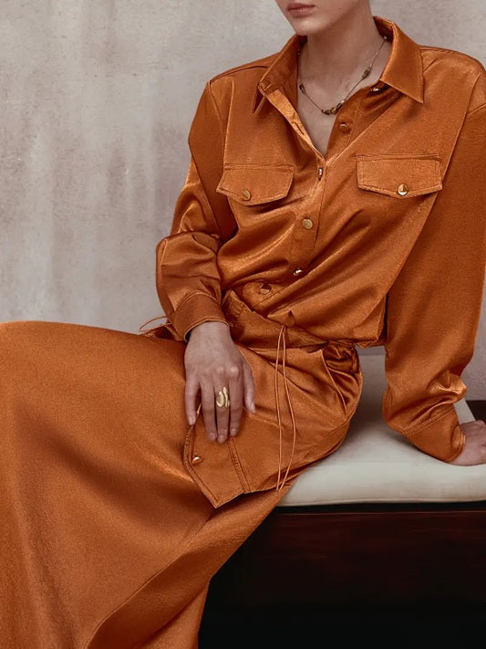 CM-ST351276 Women Elegant Seoul Style Solid Color Front Button Long Sleeve Drawstring Top With Maxi Skirt - Set