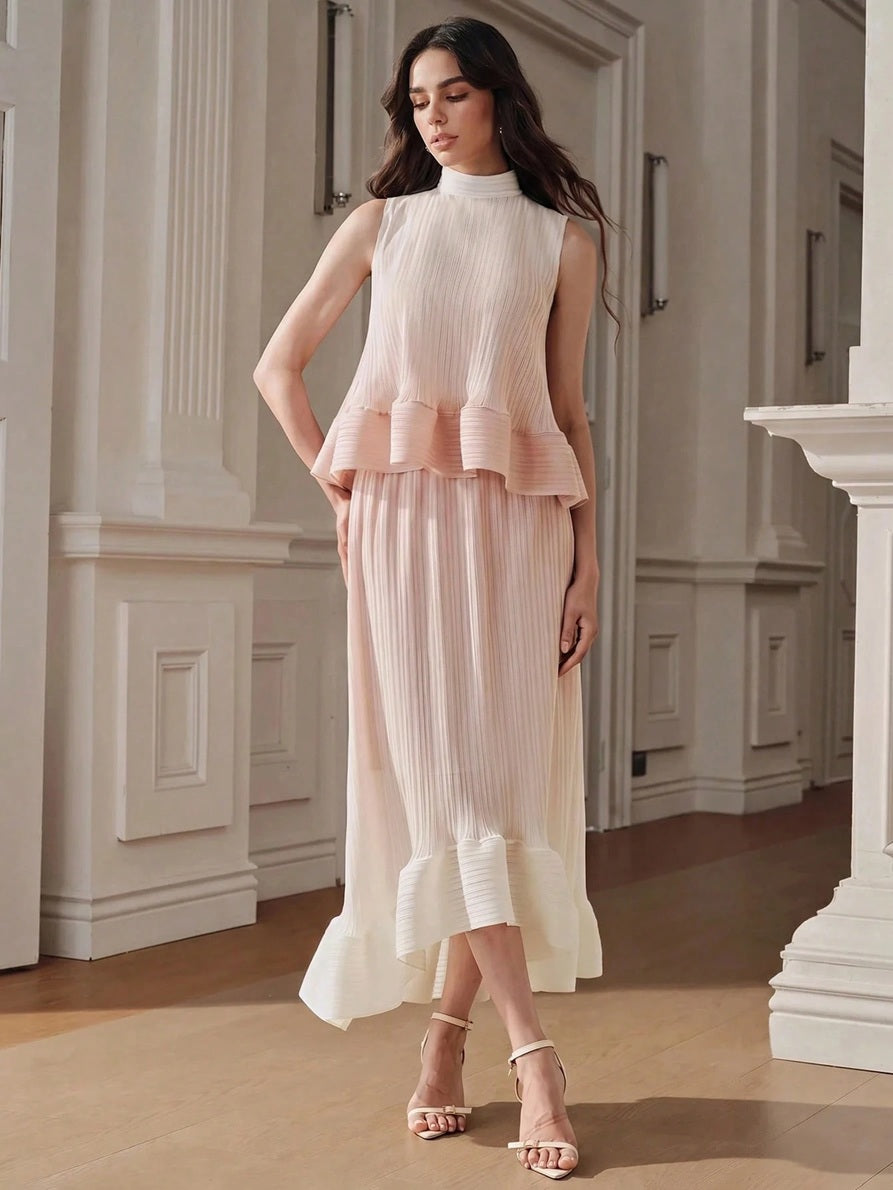 CM-TS946777 Women Elegant Seoul Style Stand Collar Sleeveless Pleated Gradient Color Pleated Top - Baby Pink