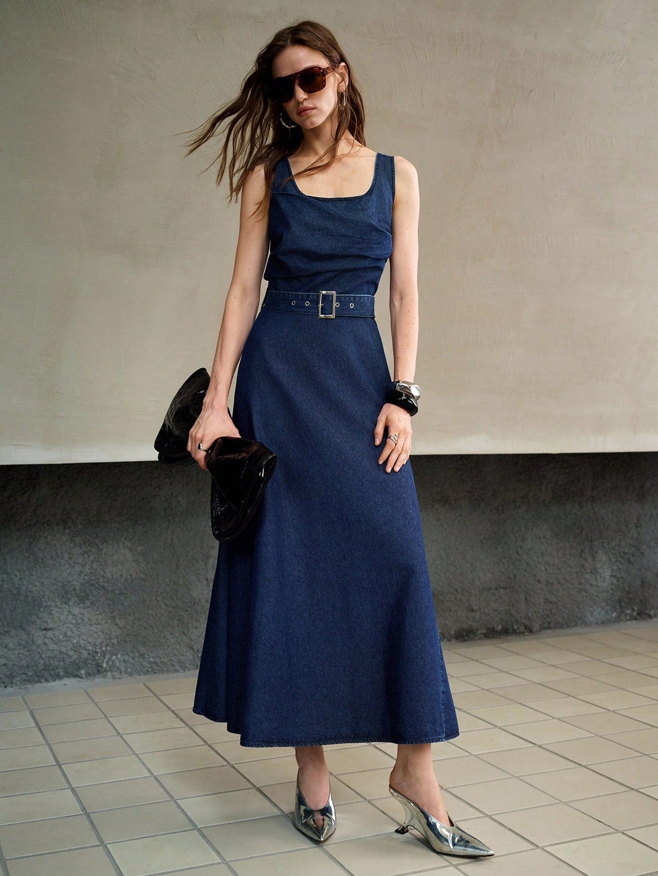 CM-DS408513 Women Elegant Seoul Style Square Neck Sleeveless Asymmetric Pleated Waist Flared Denim Dress - Blue