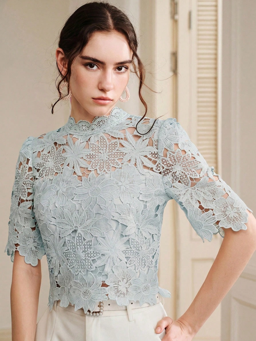 CM-TS859130 Women Elegant Seoul Style Collar Lace Cropped Floral Hollow Out Puff Sleeve Top - Dusty Blue