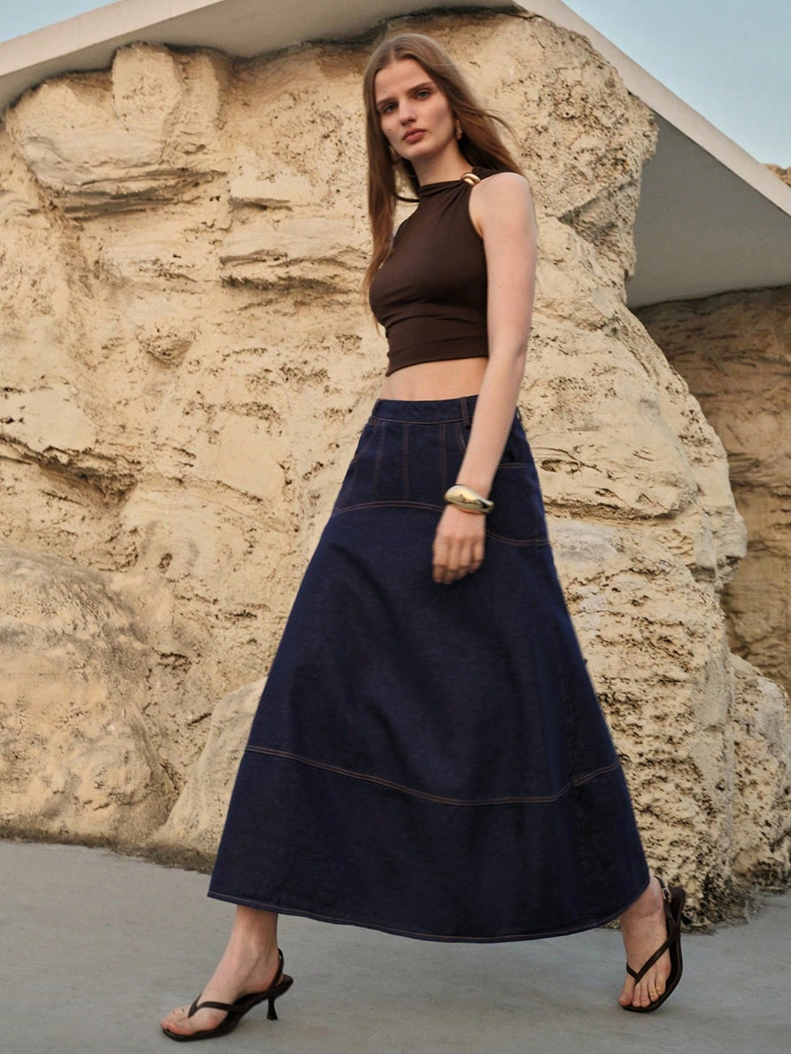 CM-BS331725 Women Casual Seoul Style Mid Waist Slant Pocket A-Line Long Denim Skirt - Navy Blue