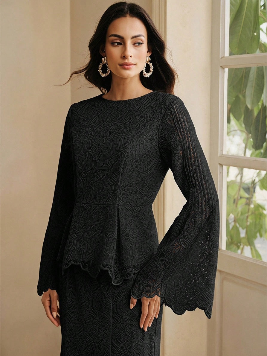 CM-TS175417 Women Elegant Seoul Style Round Neck Lace Bell Extra Long Sleeve Top - Black
