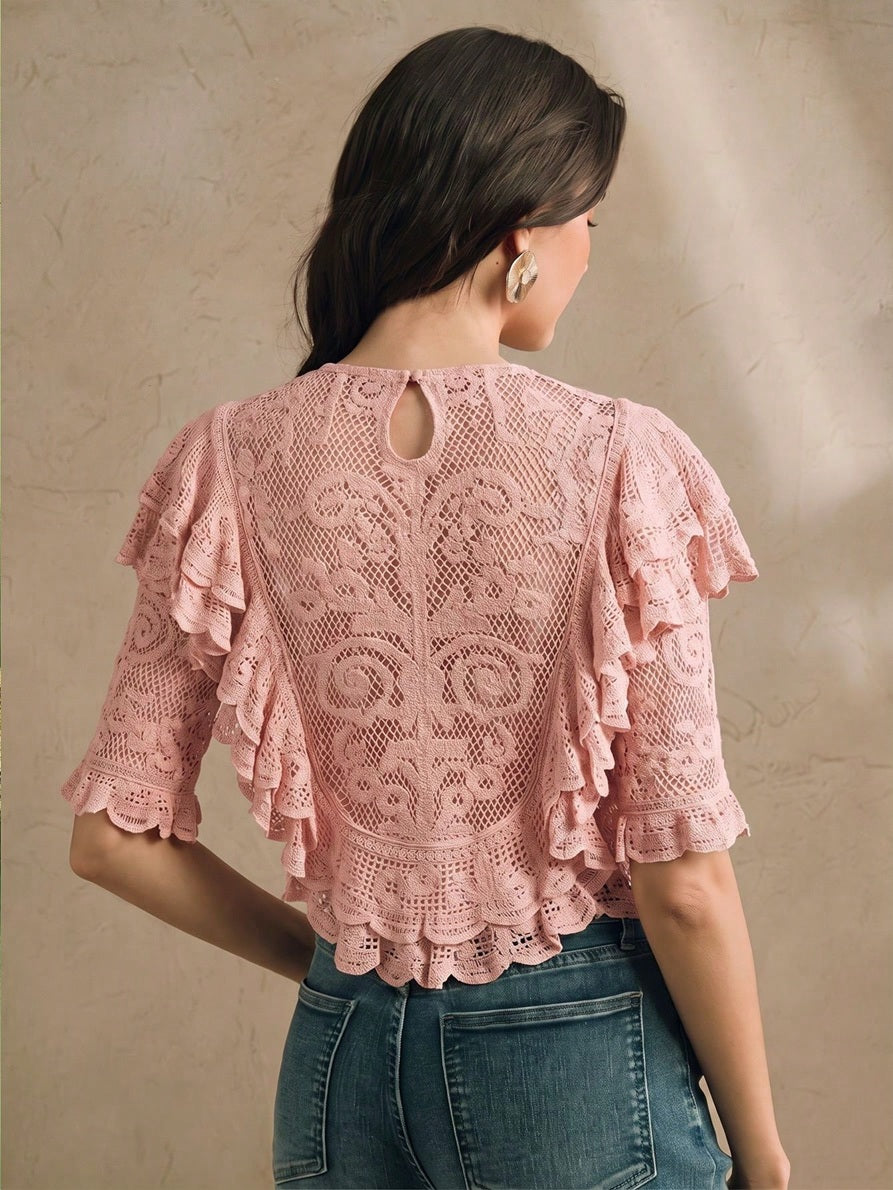 CM-TS576844 Women Elegant Seoul Style Cropped Half Sleeve Multi-Layer Ruffle Mesh Crochet Top - Pink