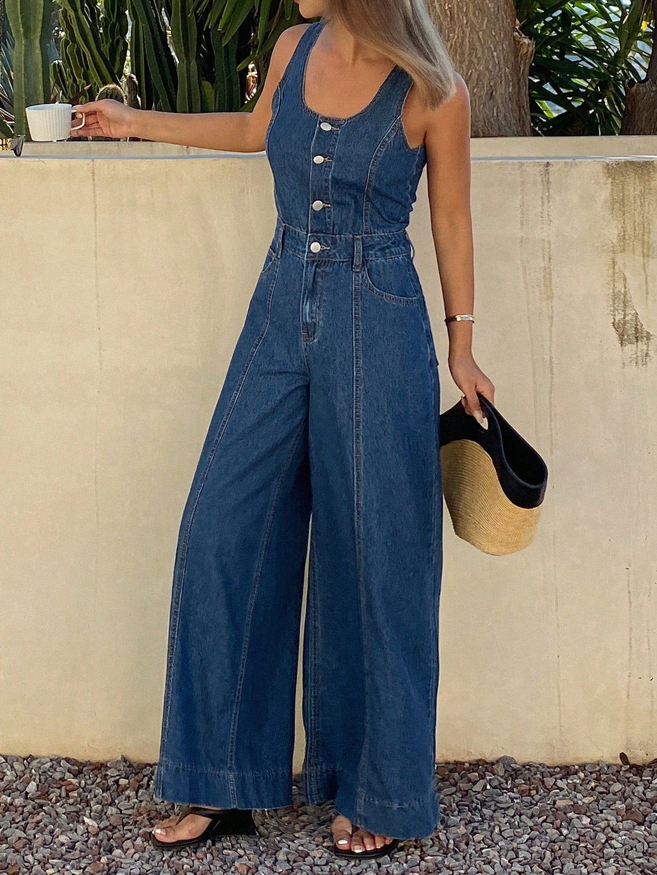 CM-JS194919 Women Elegant Seoul Style Medium Wash Sleeveless Adjustable Strap Loose Straight Leg Denim Jumpsuit