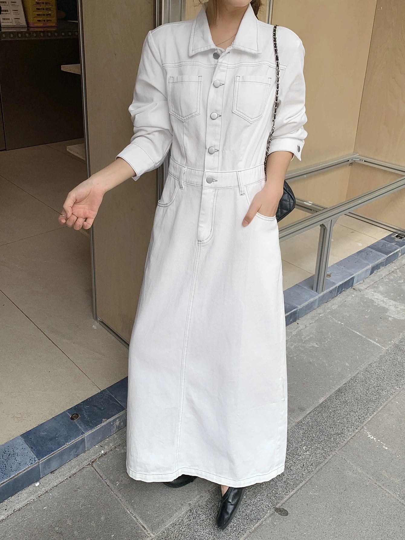 CM-DS982217 Women Casual Seoul Style Collar Neckline Long Sleeve Button Half-Placket Denim Dress - White