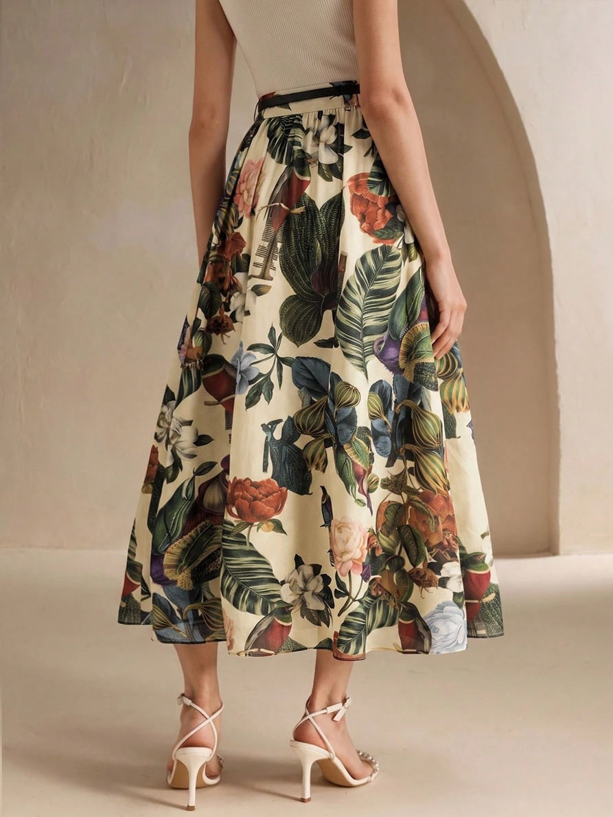 CM-BS340449 Women Elegant Seoul Style Floral Print High Waist A-Line Long Skirt With Belt