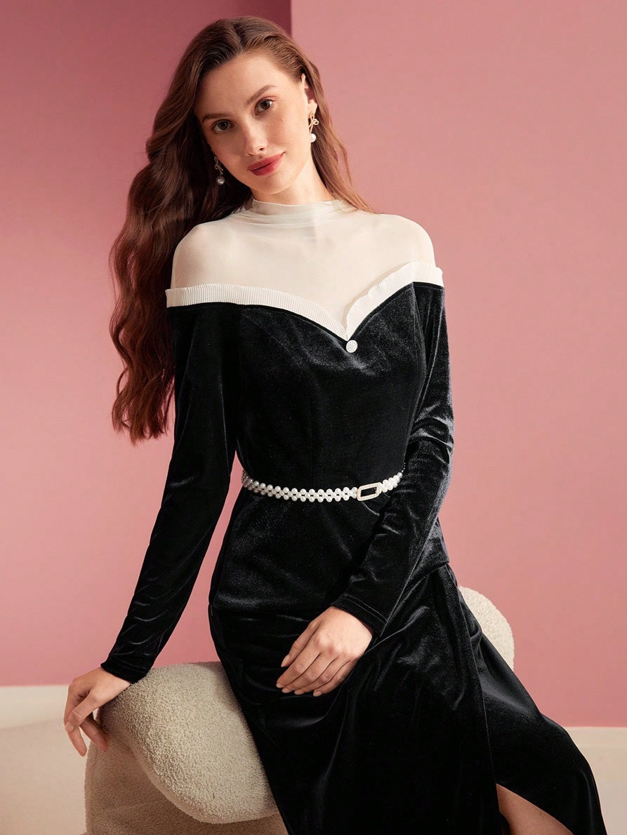 CM-TS319944 Women Elegant Seoul Style Stand Collar Long Sleeve Colorblock Contrast Mesh Velvet Top