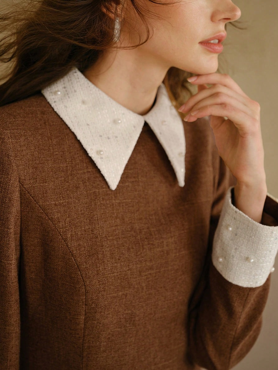 CM-DS343550 Women Elegant Seoul Style Contrast Panel Long Sleeve Faux Pearl Detail Short Dress - Brown
