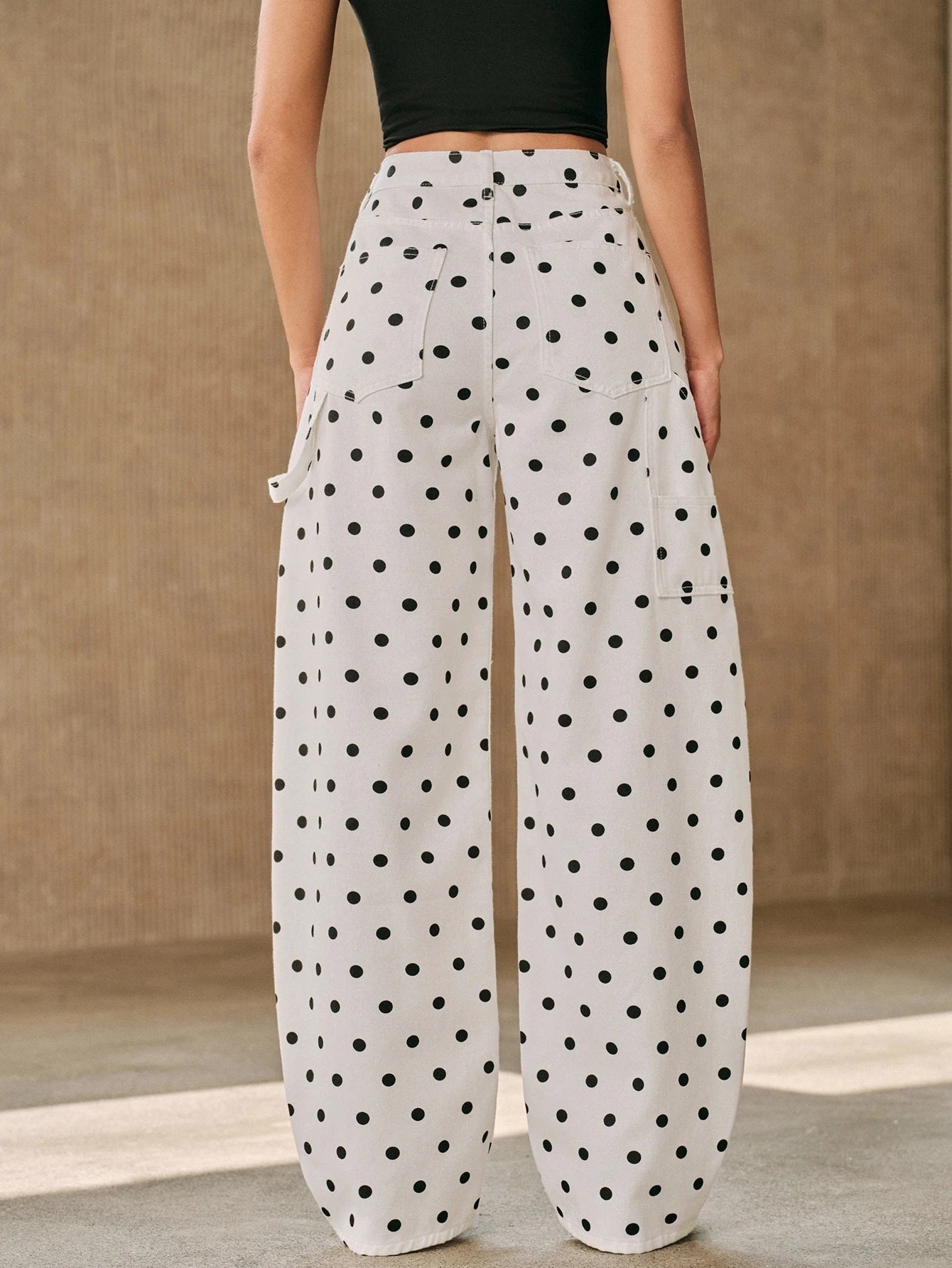 CM-BS387235 Women Casual Seoul Style Mid Waist All Over Print Polka Dot Curved Wide Leg Jeans - White