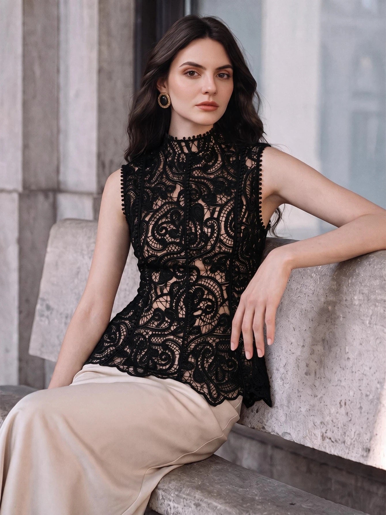 CM-TS219266 Women Elegant Seoul Style Stand Collar Sleeveless Lace Hollow Patchwork Ruffle Waist Cinched Tank Top - Black