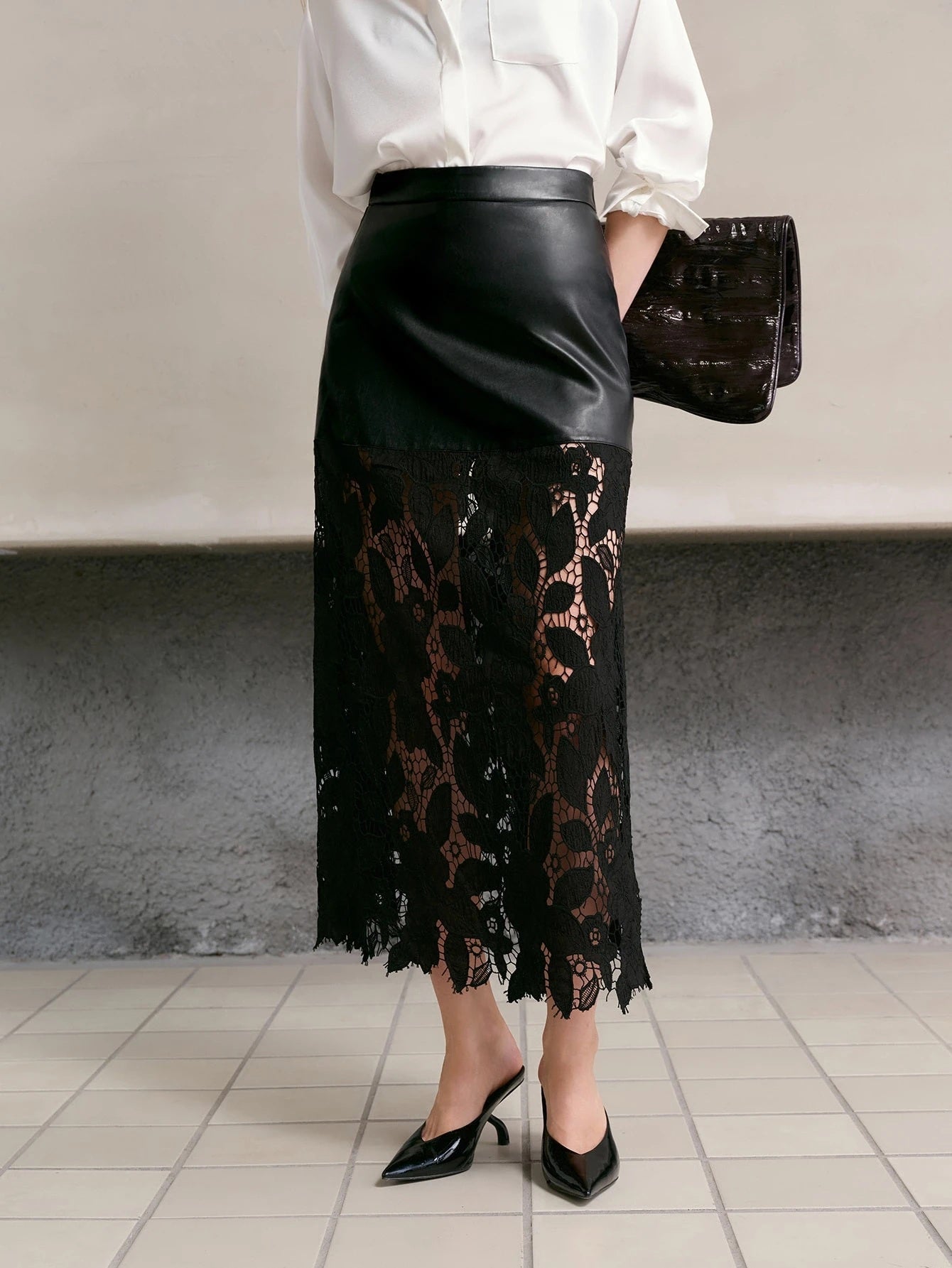 CM-BS041093 Women Elegant Seoul Style Mid Waist PU Patchwork Sheer Guipure Lace Long Skirt - Black