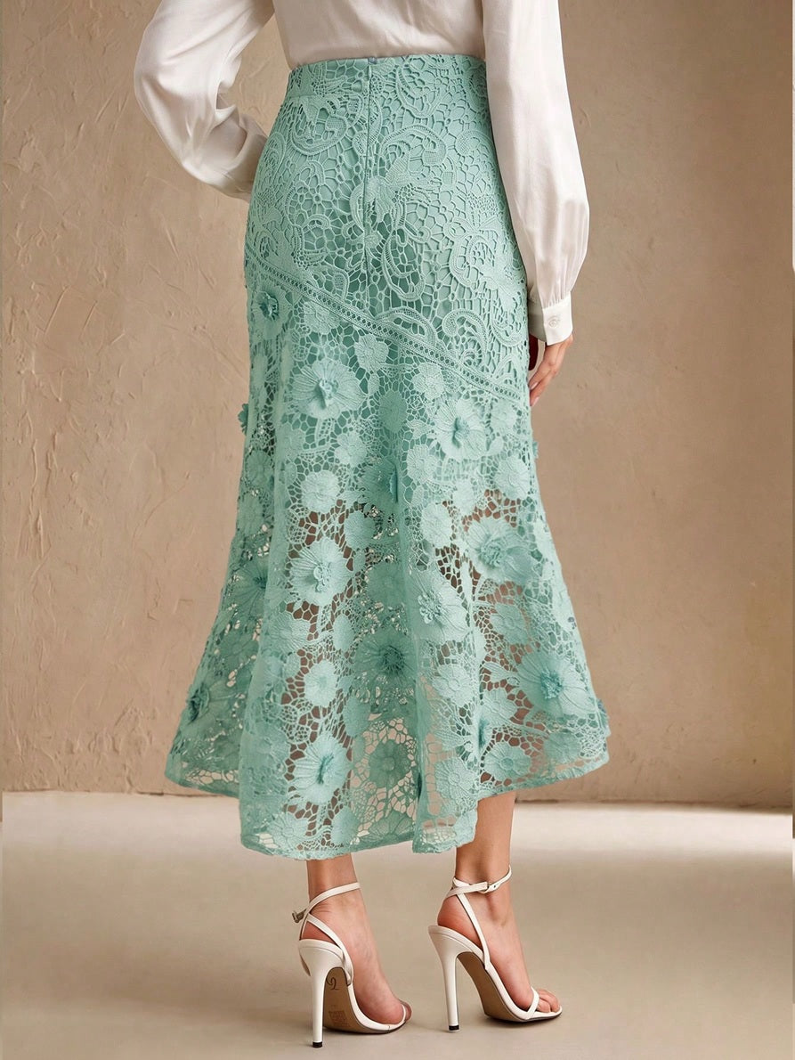 CM-BS607462 Women Elegant Seoul Style High Waist 3D Floral Mermaid Mid-Length Skirt - Green