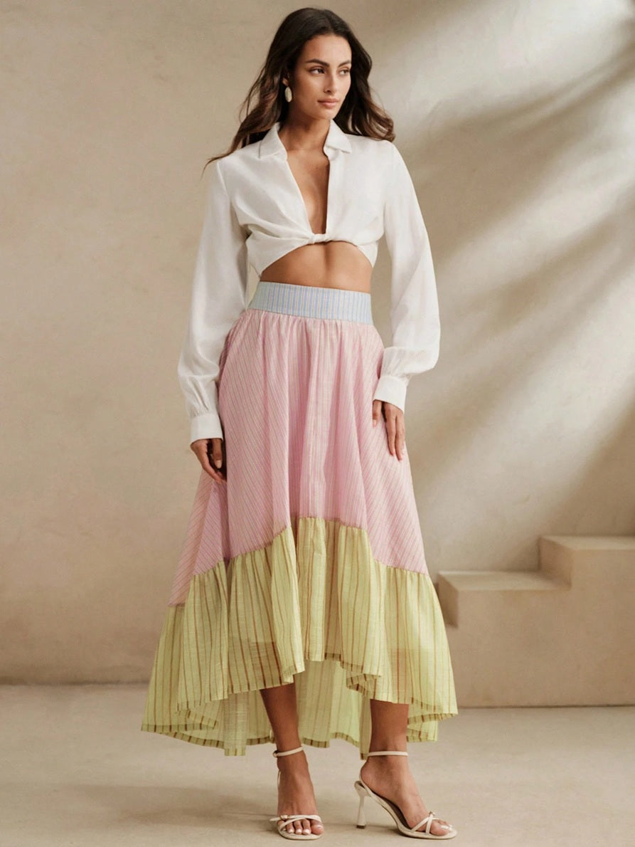 CM-BS281437 Women Tendy Bohemian Style Striped Patchwork Asymmetrical Hem High Waist Puffy A-Line Skirt