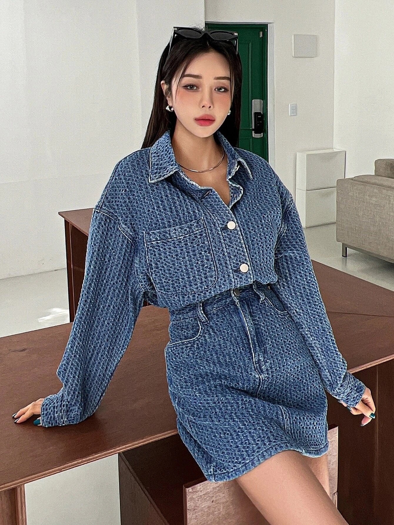CM-SS241206 Women Preppy Seoul Style Drop Shoulder Denim Coat With Denim Skirt - Set