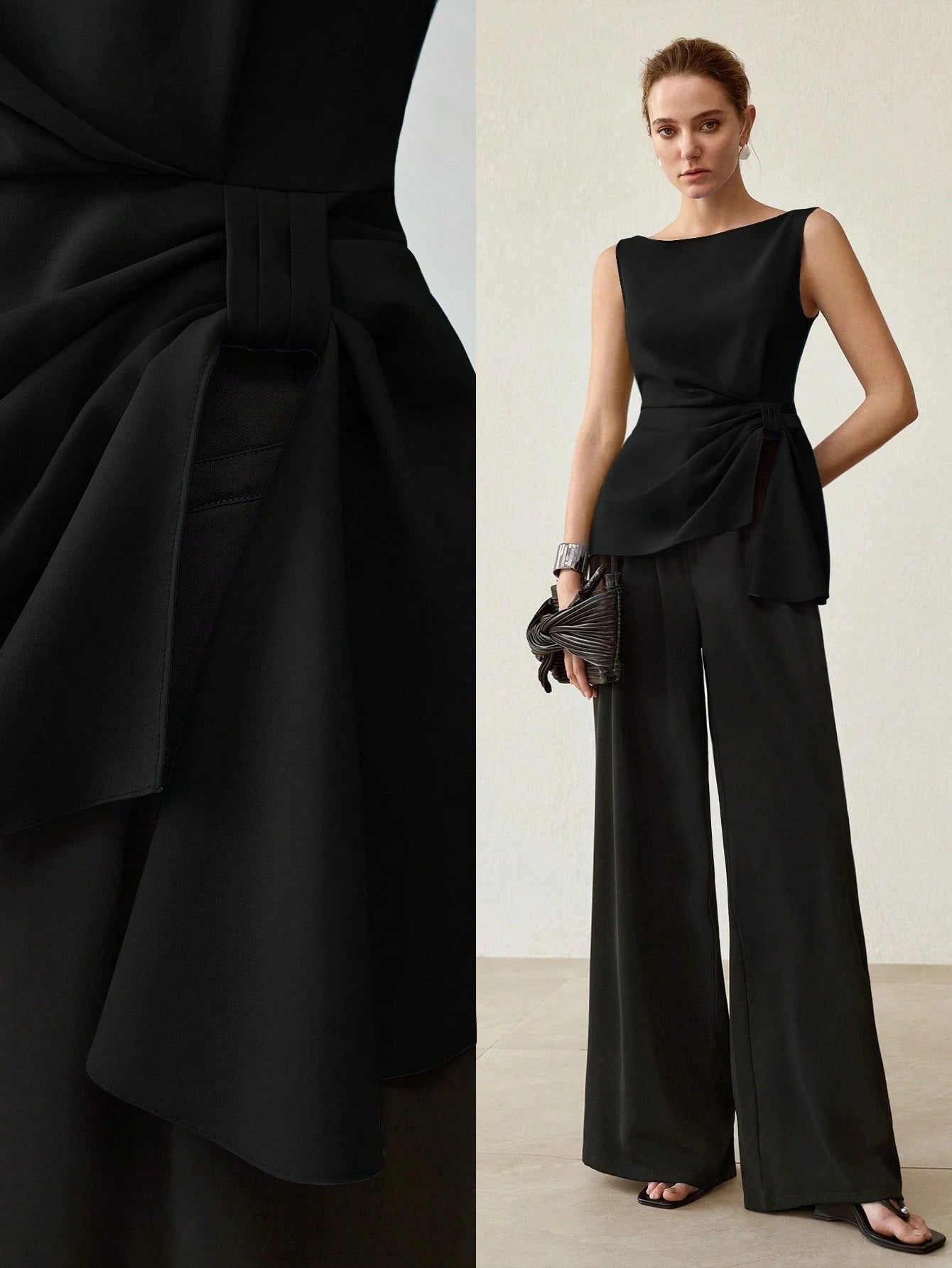 CM-TS013764 Women Elegant Seoul Style Side Knot Boat Neck Sleeveless Blouse - Black