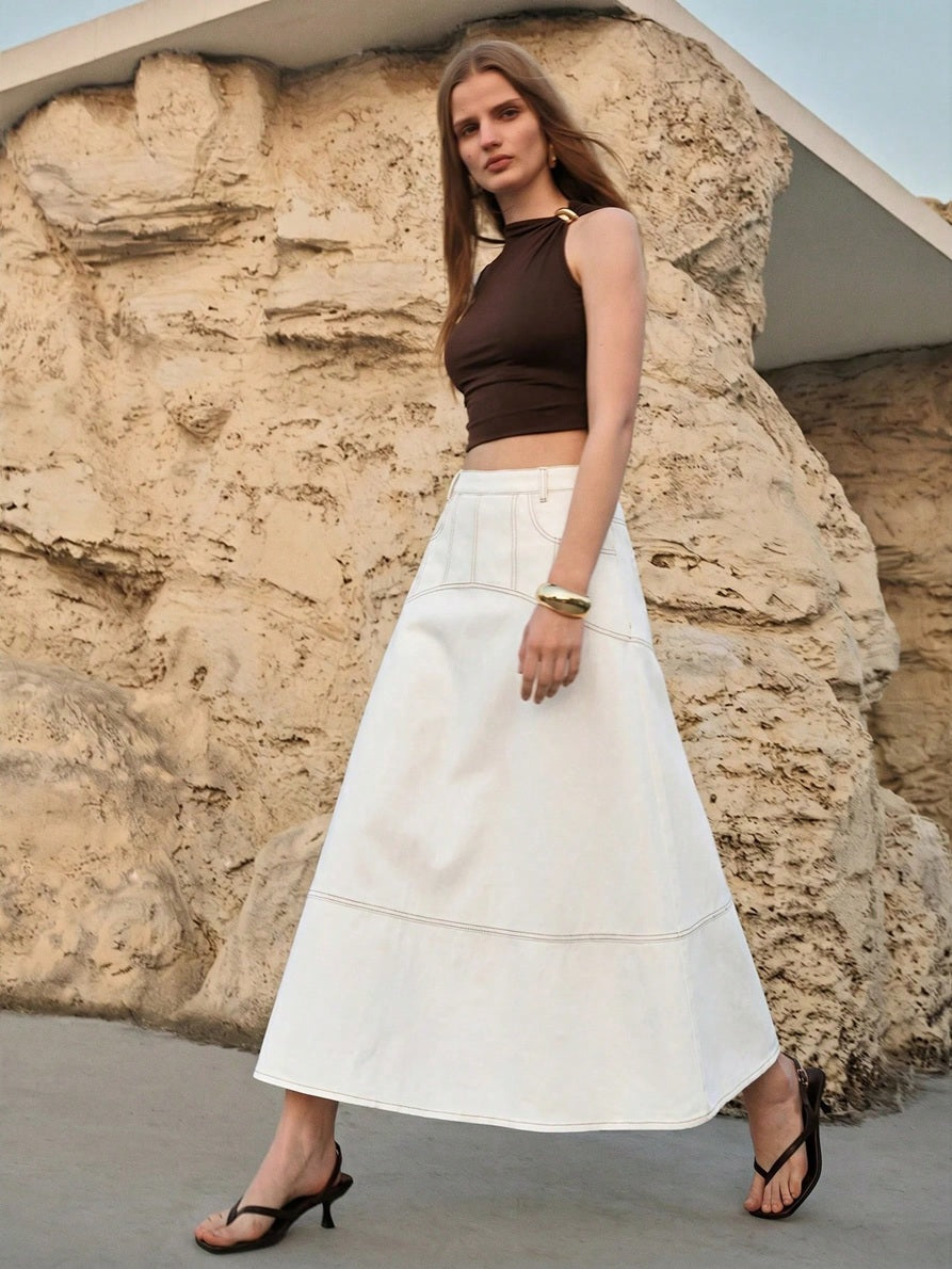 CM-BS304200 Women Casual Seoul Style Mid Waist Slant Pocket A-Line Long Denim Skirt - White