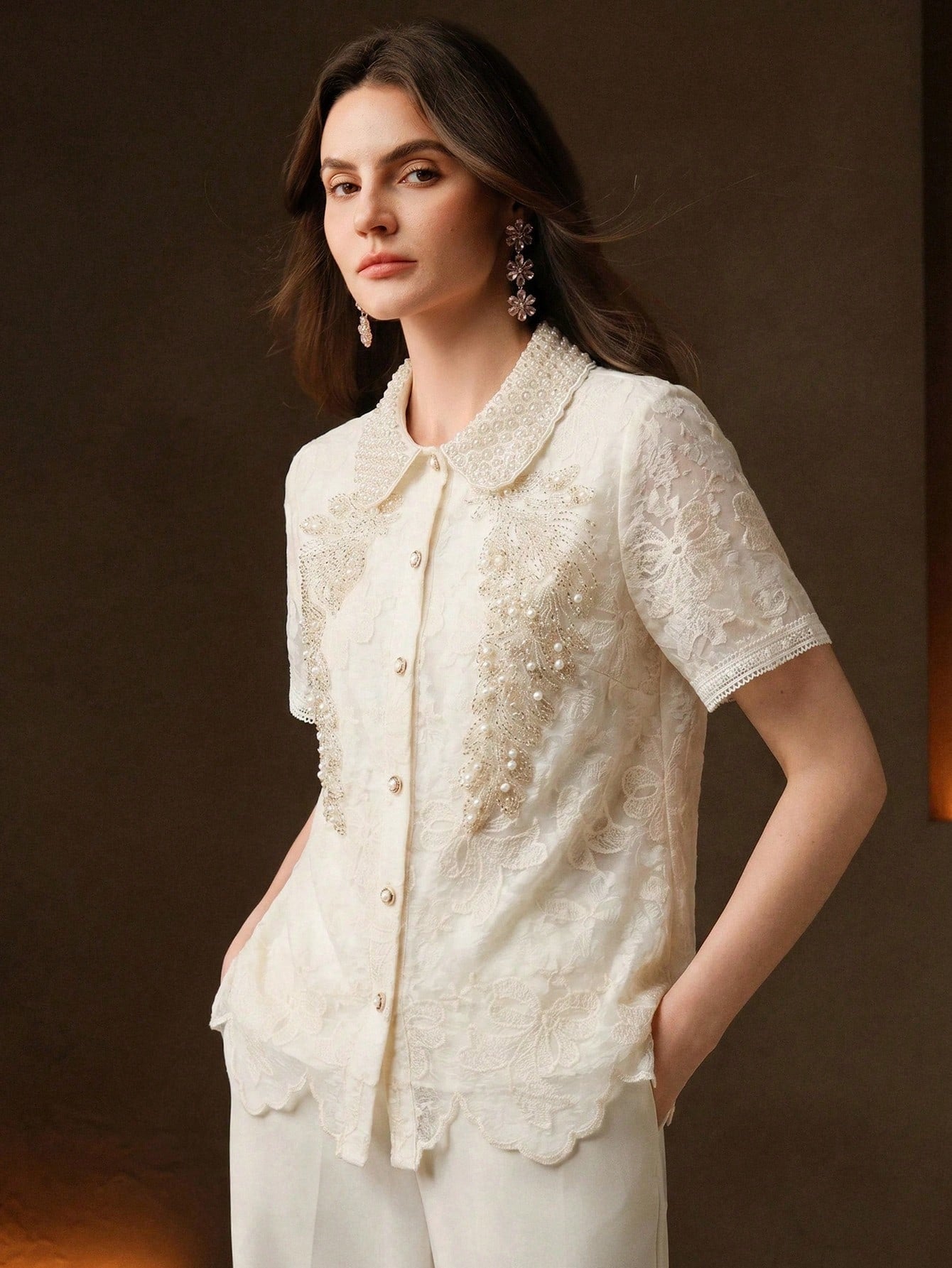 CM-TS281479 Women Elegant Seoul Style Peter Pan Collar Short Sleeve Rhinestone Lace Blouse - Apricot