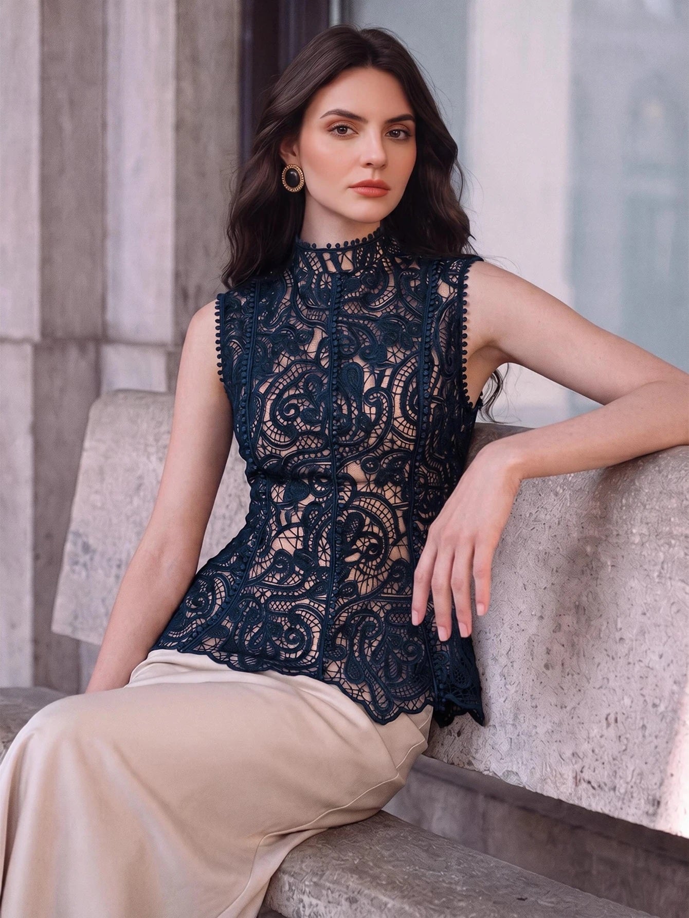 CM-TS617242 Women Elegant Seoul Style Stand Collar Sleeveless Lace Hollow Patchwork Ruffle Waist Cinched Tank Top - Navy Blue