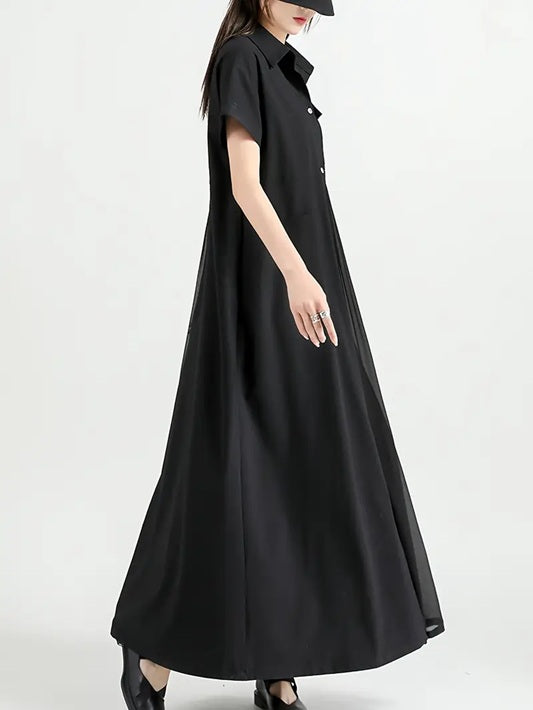 CM-DT451050 Women Elegant Seoul Style Collar Neckline Short Sleeve A-Line Midi Dress - Black