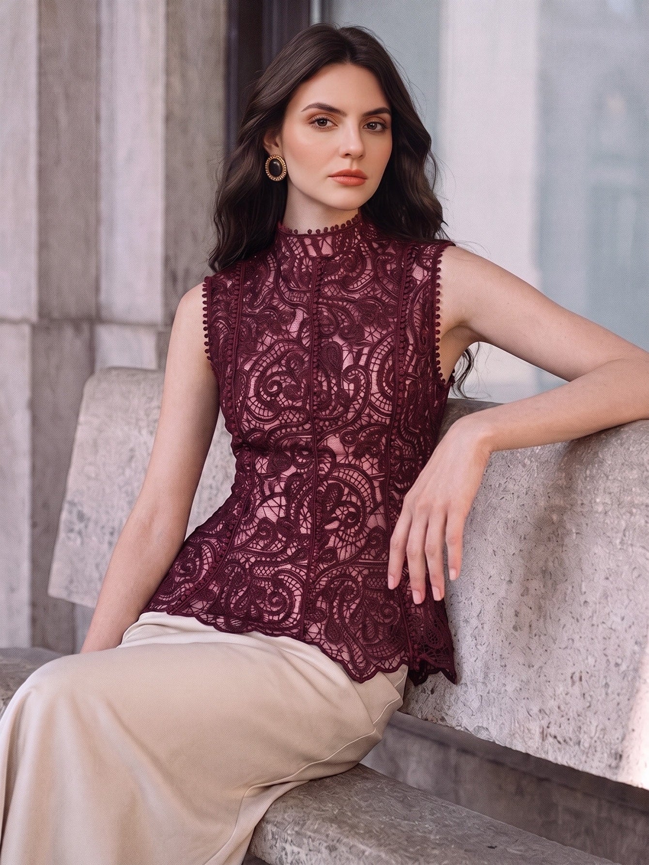 CM-TS786037 Women Elegant Seoul Style Stand Collar Sleeveless Lace Hollow Patchwork Ruffle Waist Cinched Tank Top - Burgundy