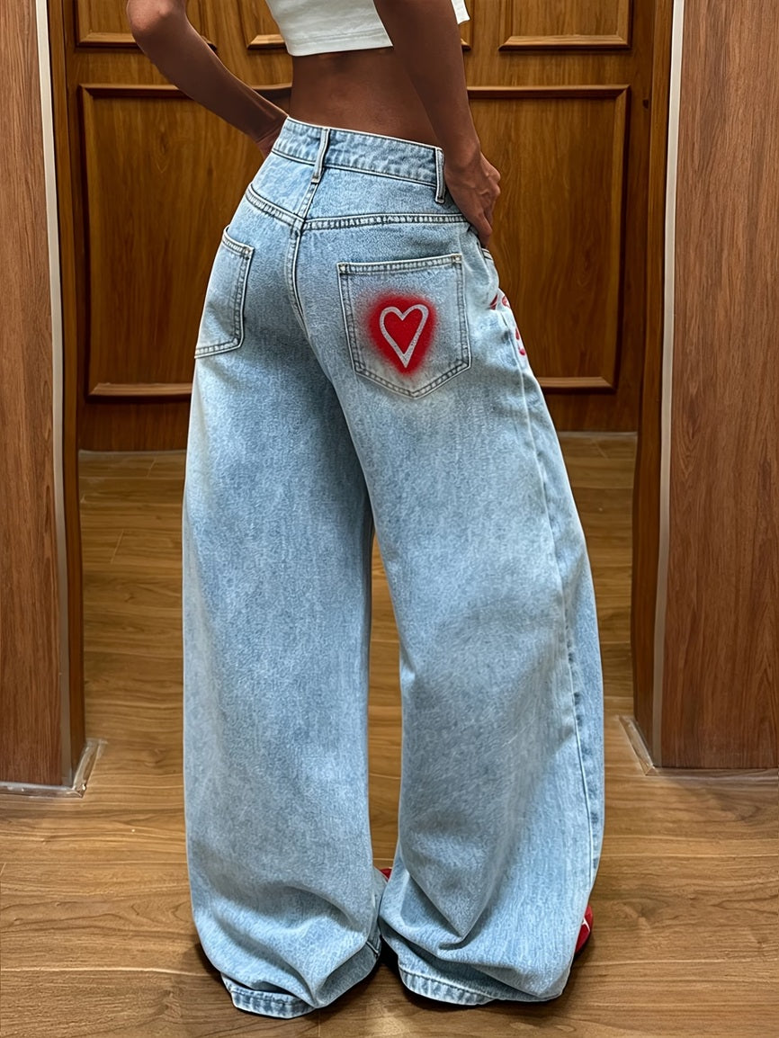 CM-BT125010 Women Casual Seoul Style Red Lip And Heart Print Loose Fit Wide-Leg Pants - Light Blue