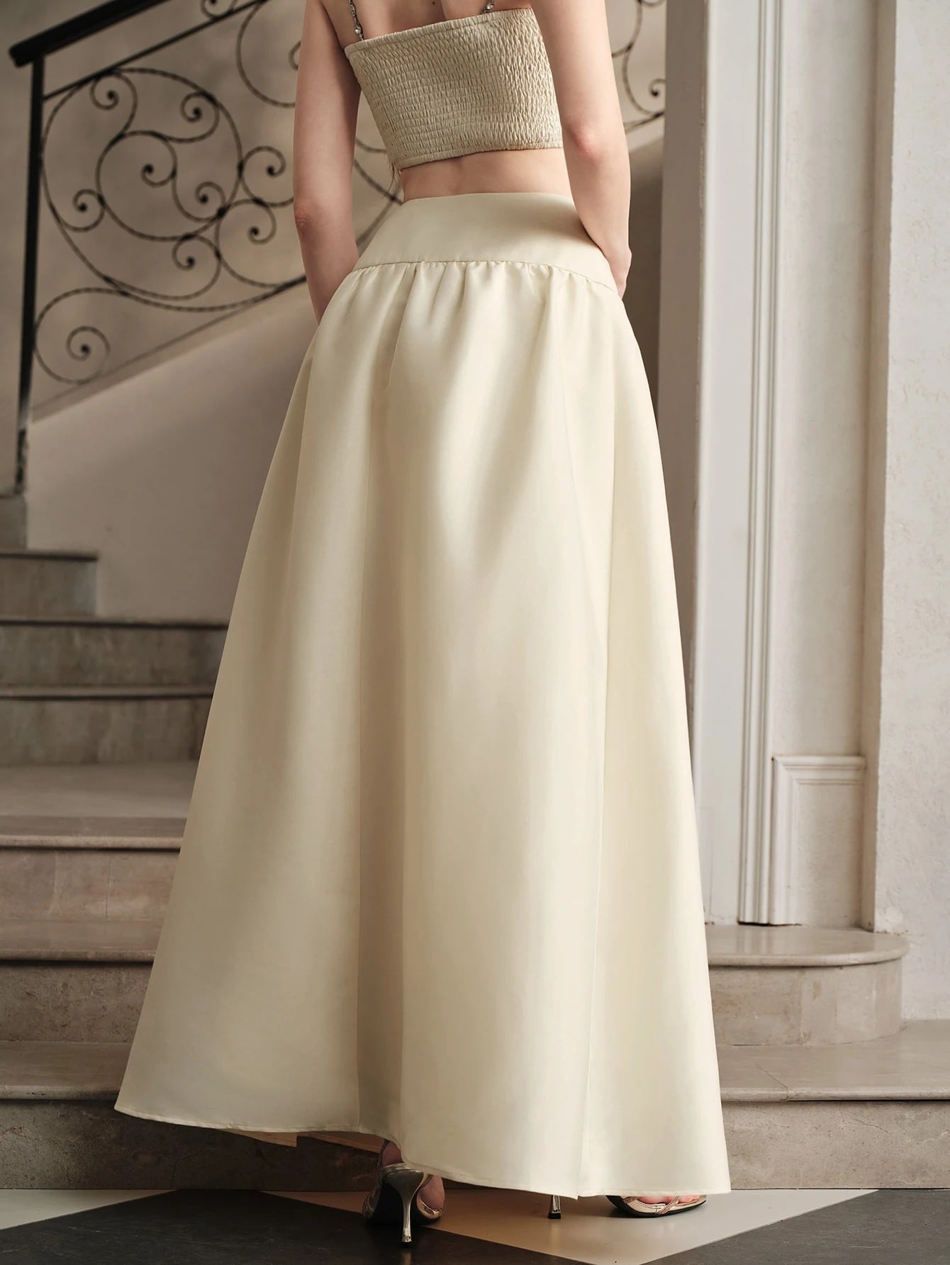 CM-BS399699 Women Elegant Seoul Style Mid Waist Ruched A-Line Flared Long Skirt - Apricot