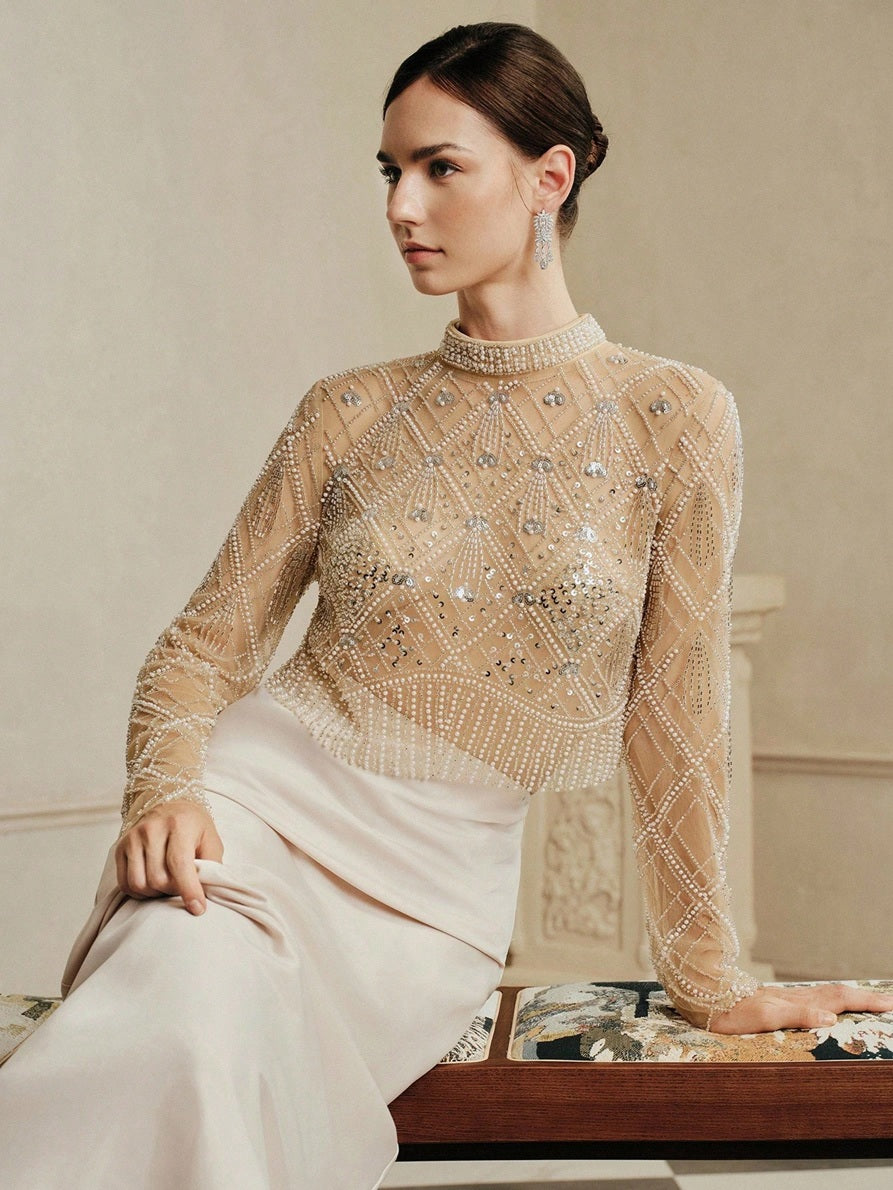 CM-TS587377 Women Elegant Seoul Style Stand Collar Long Sleeve Handmade Beaded Contrast Sequin Blouse - Apricot