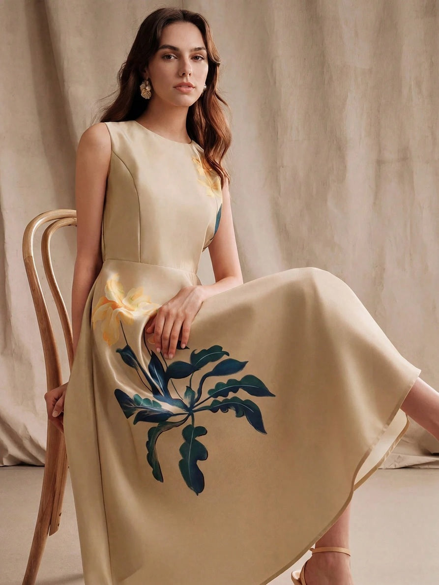 CM-DS128881 Women Elegant Seoul Style Round Neck Sleeveless Waist Cinched Floral Print A-Line Dress - Apricot