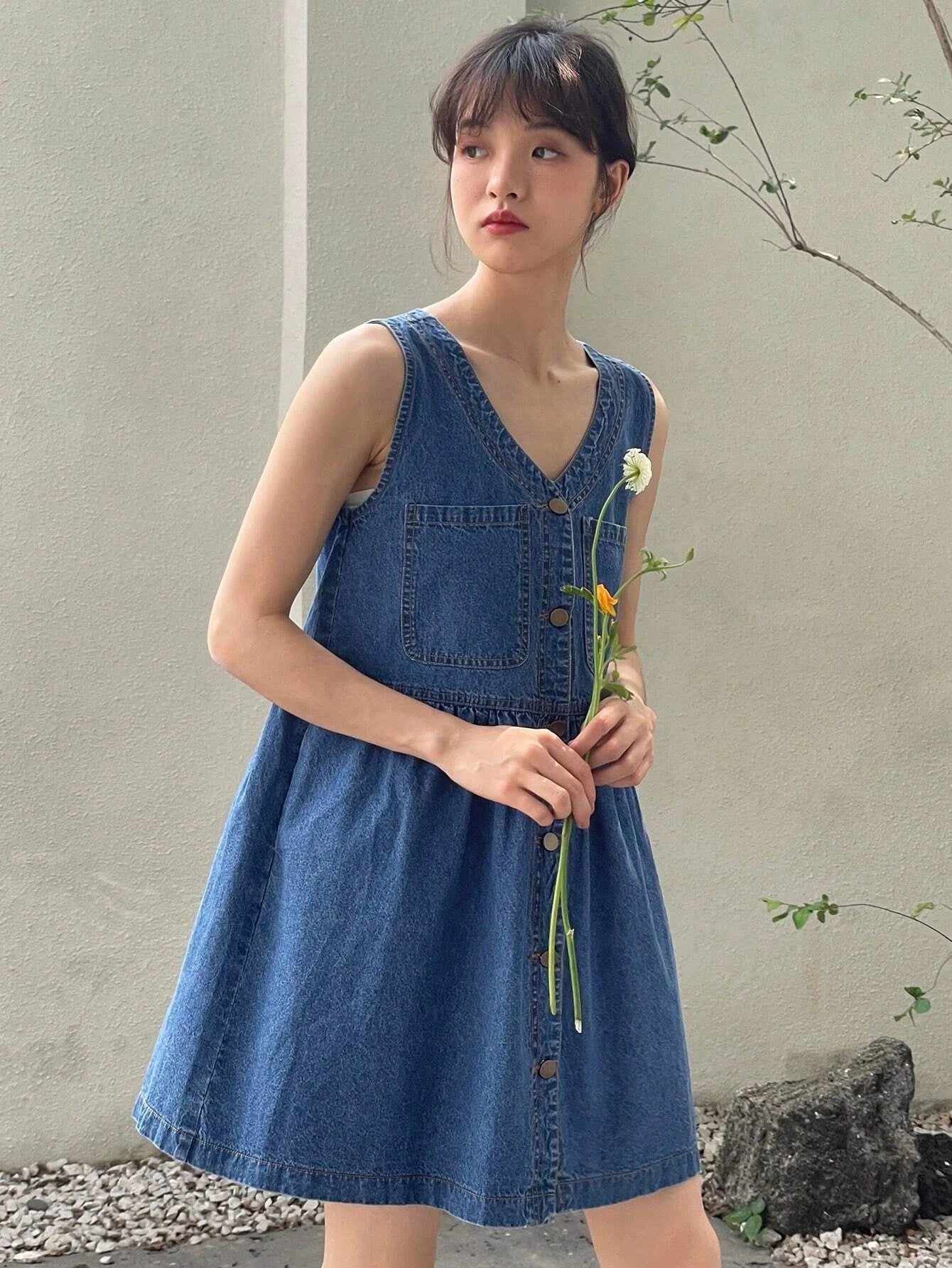 CM-DS941911 Women Preppy Seoul Style Medium Wash Button Front Denim Dress