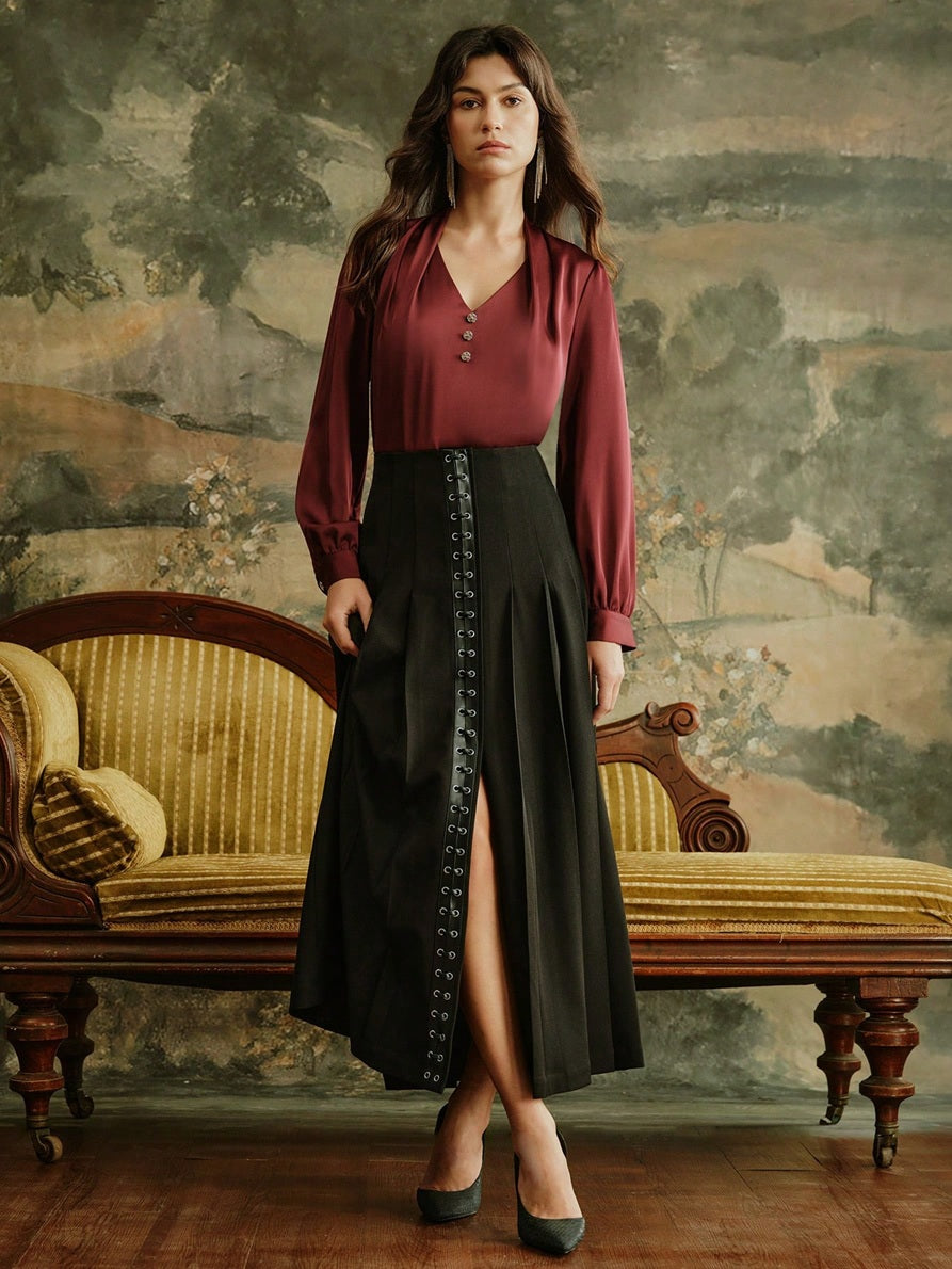 CM-SS488279 Women Elegant Seoul Style V-Neck Long Sleeve Top With Leather Strap Pleated Skirt - Set