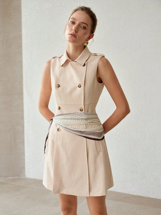 CM-DS190152 Women Elegant Seoul Style Collar Neckline Sleeveless Scarf Detail Double-Breatsted Dress - Apricot
