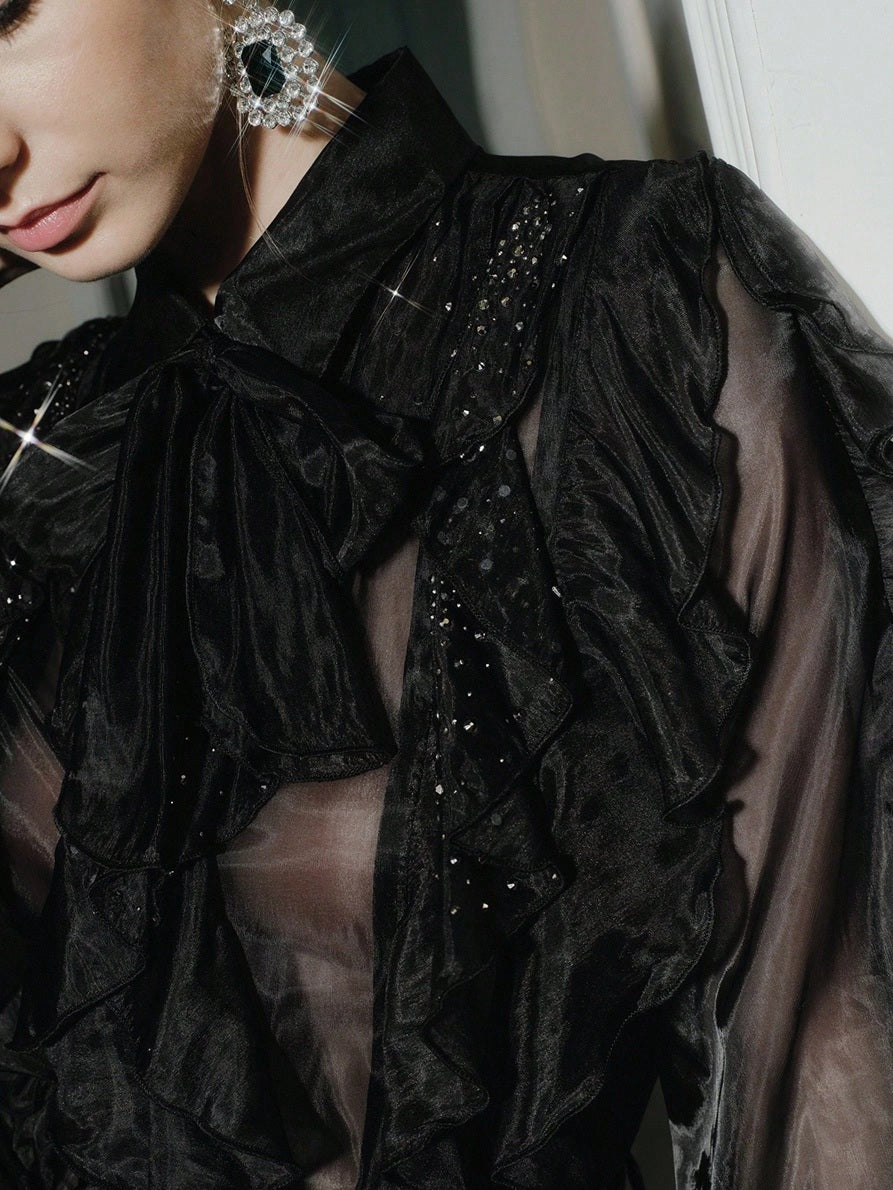 CM-TS616771 Women Elegant Seoul Style Chiffon Collar Neckline Long Sleeve Rhinestone Embellished Ruffle Blouse