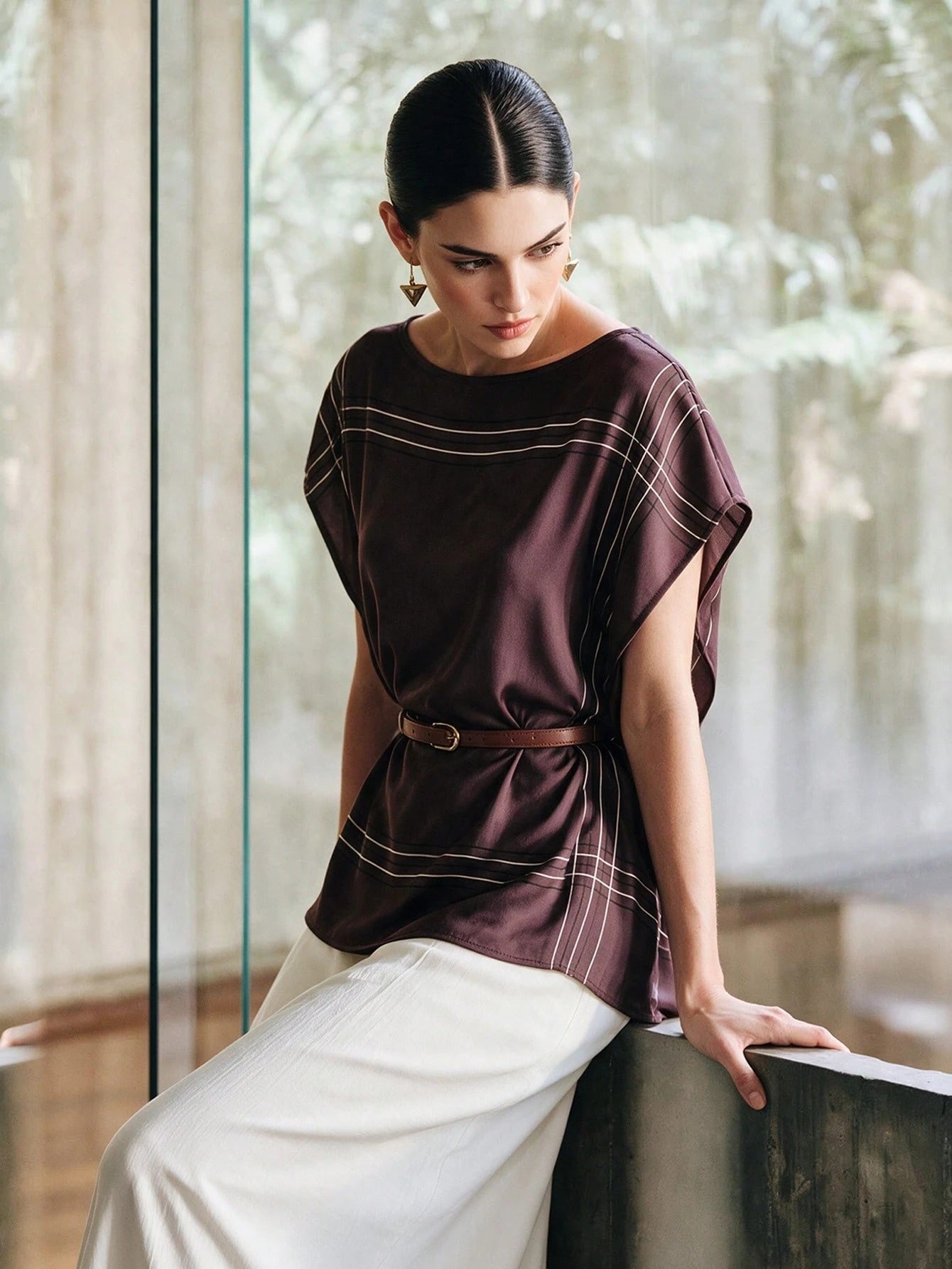 CM-TS644206 Women Elegant Seoul Style Round Neck Scarf-Like Texture Top With Belt Detail - Purple
