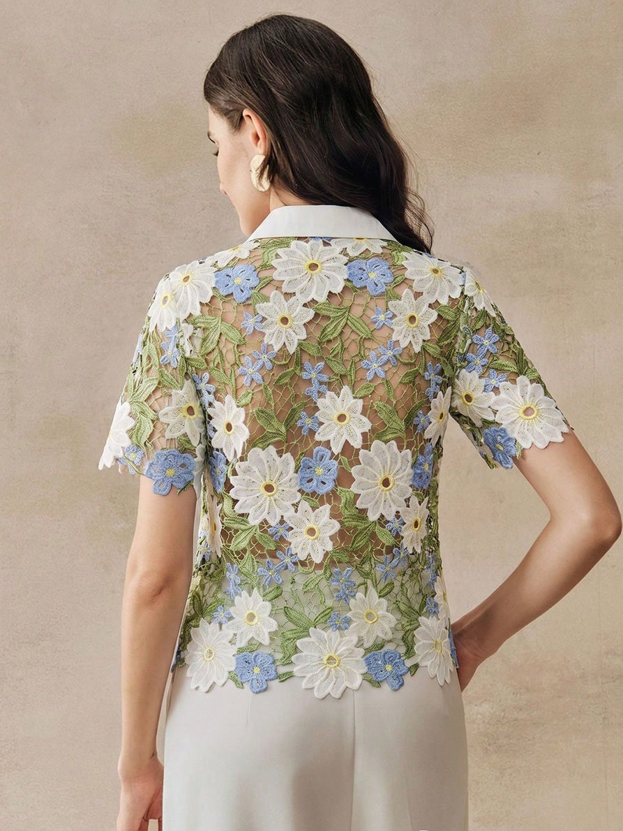 CM-TS121784 Women Elegant Seoul Style Hollow Floral Shape Pattern Short Sleeve Half-Round White Pearl Button Shirt