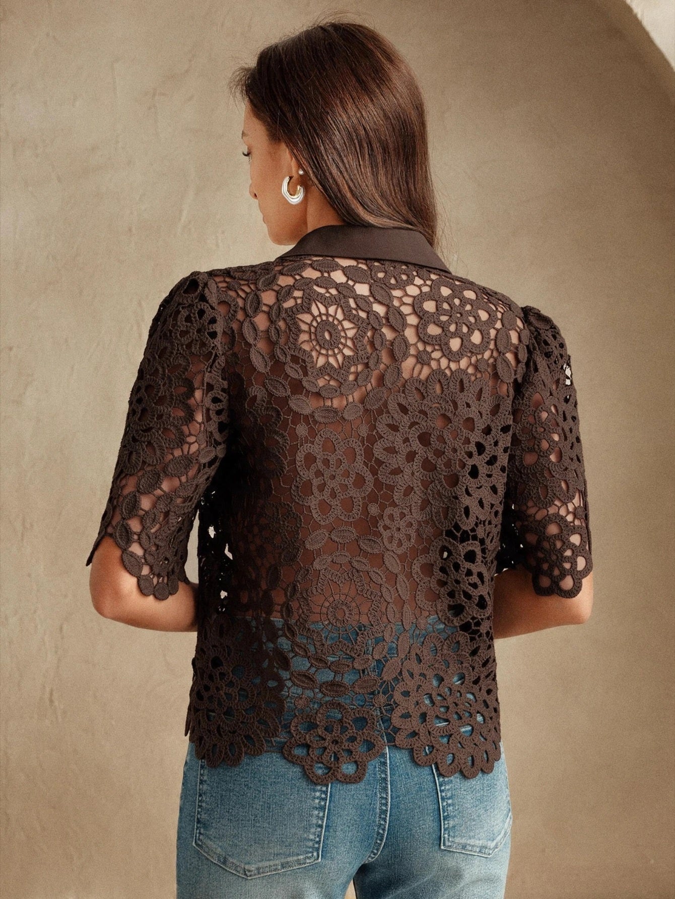 CM-TS770735 Women Casual Seoul Style Collar Neckline Half Sleeve Floral Hollow Out Lace Shirt Blouse - Coffee Brown
