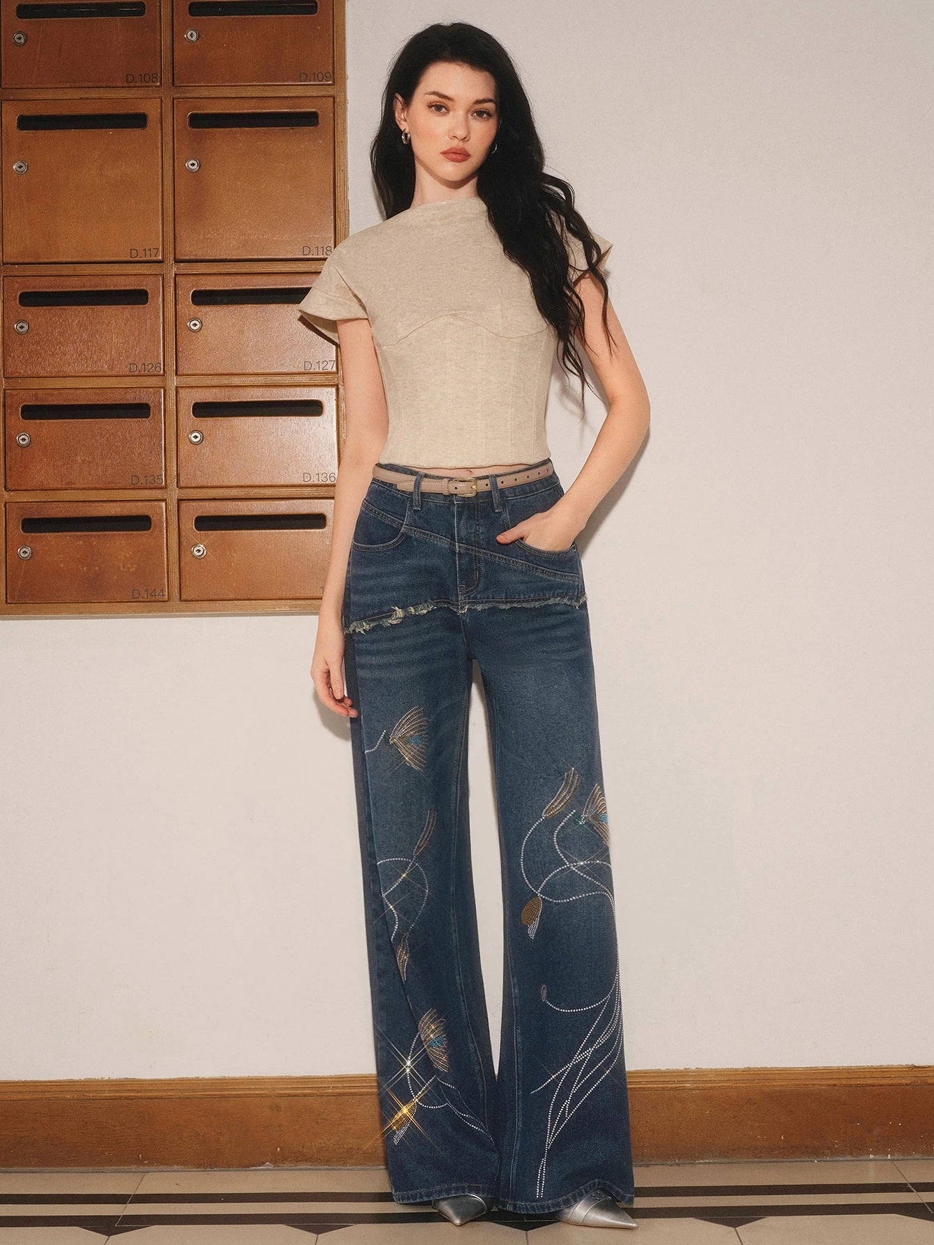 CM-BS615053 Women Casual Seoul Style Mid Waist Rhinestone Embellished Straight Leg Loose Denim Jeans - Blue