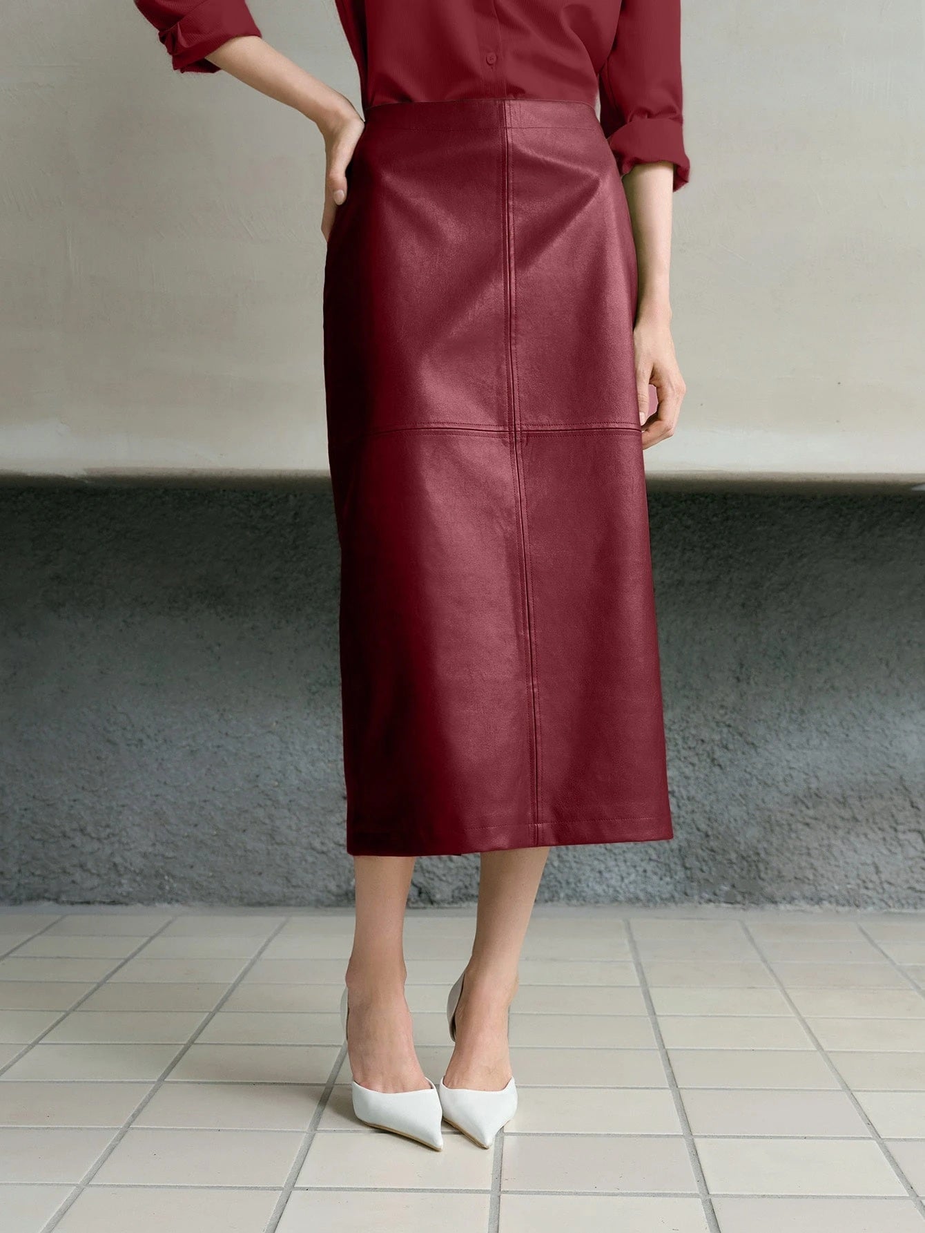 CM-BS407174 Women Elegant Seoul Style Mid Waist PU Leather Elastic Waist Split Hem Skirt - Burgundy