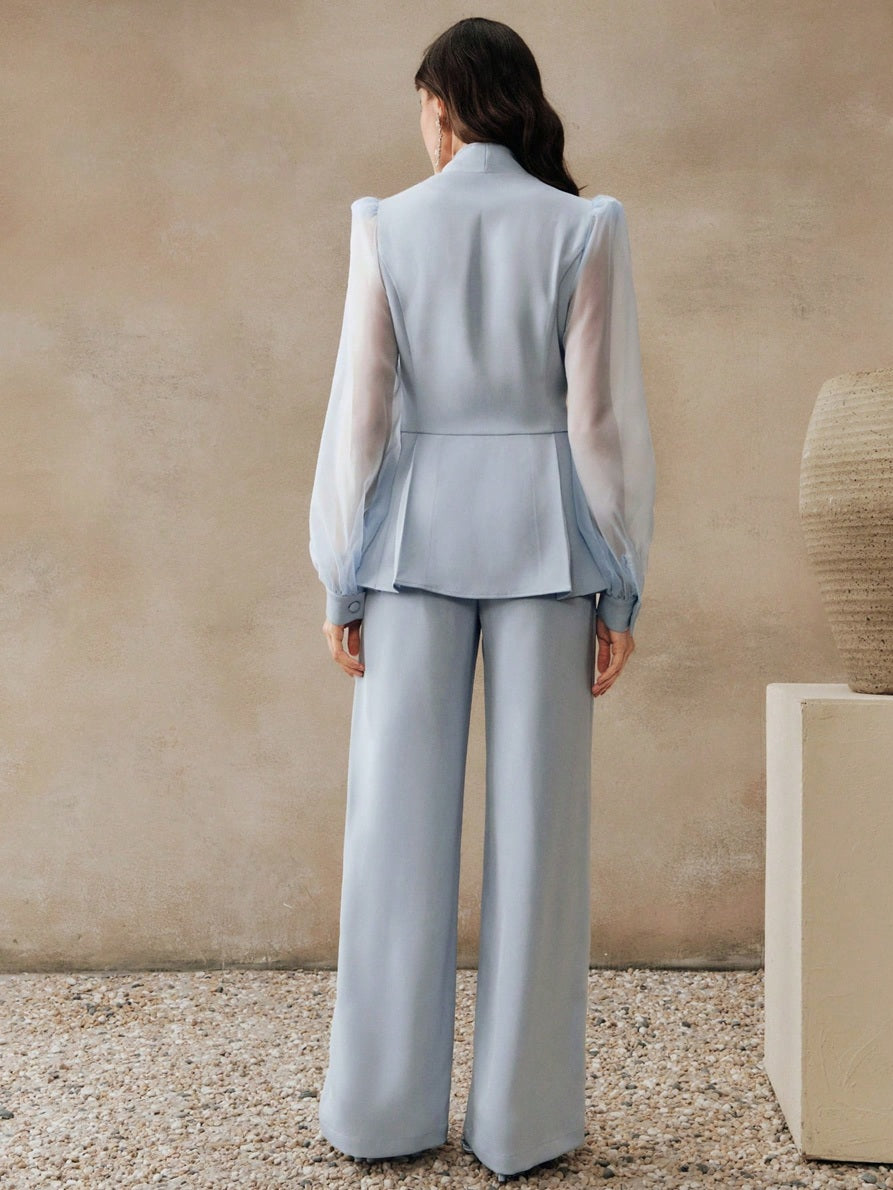 CM-SS511976 Women Elegant Seoul Style Shawl Collar Mesh Long Sleeve Rhinestone Fitted Blouse With Straight Leg Pants - Set
