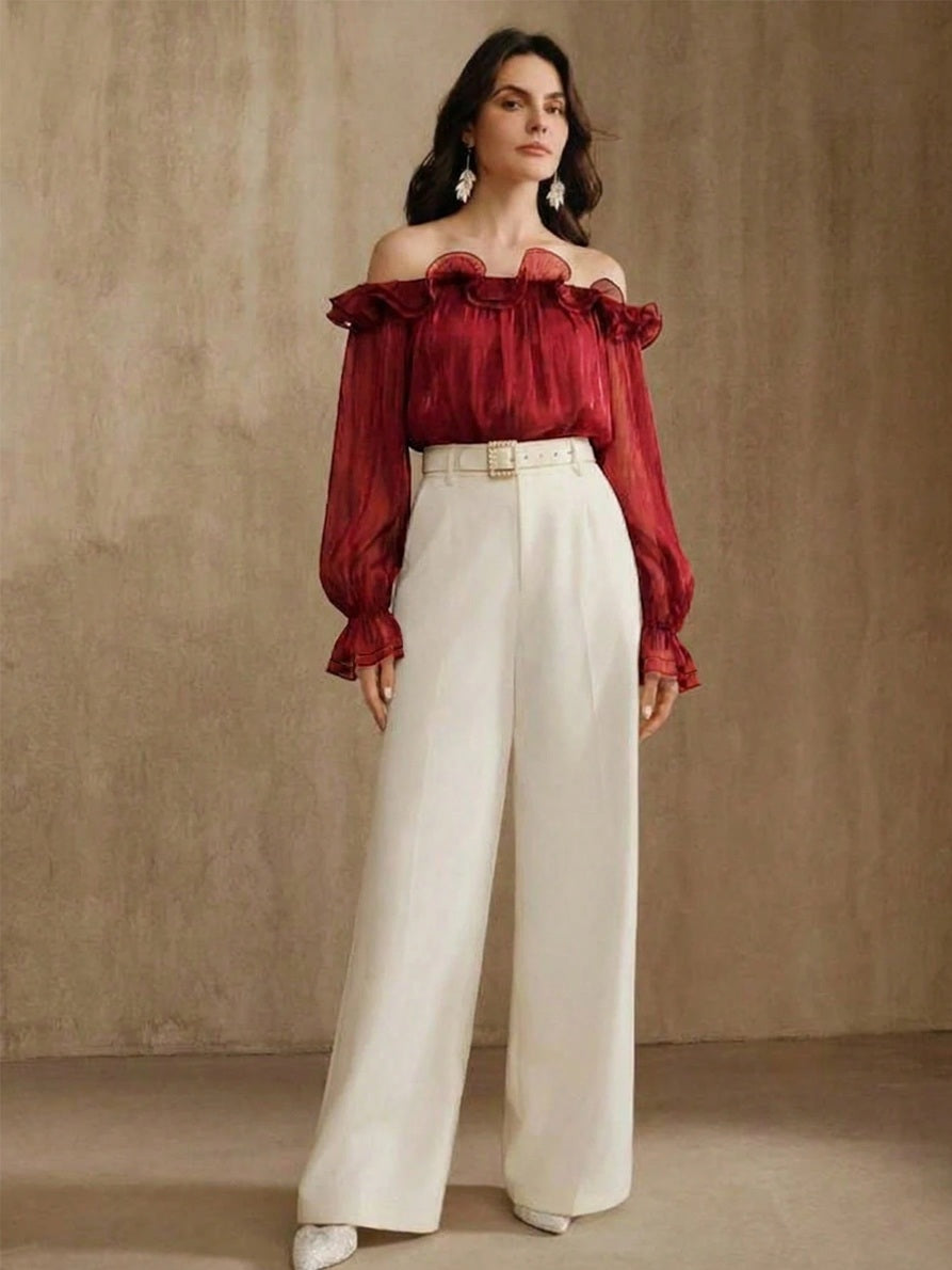 CM-TS097142 Women Elegant Seoul Style Off-Shoulder Loose Hem Wavy Edge Petal Sleeve Flowy Blouse - Burgundy