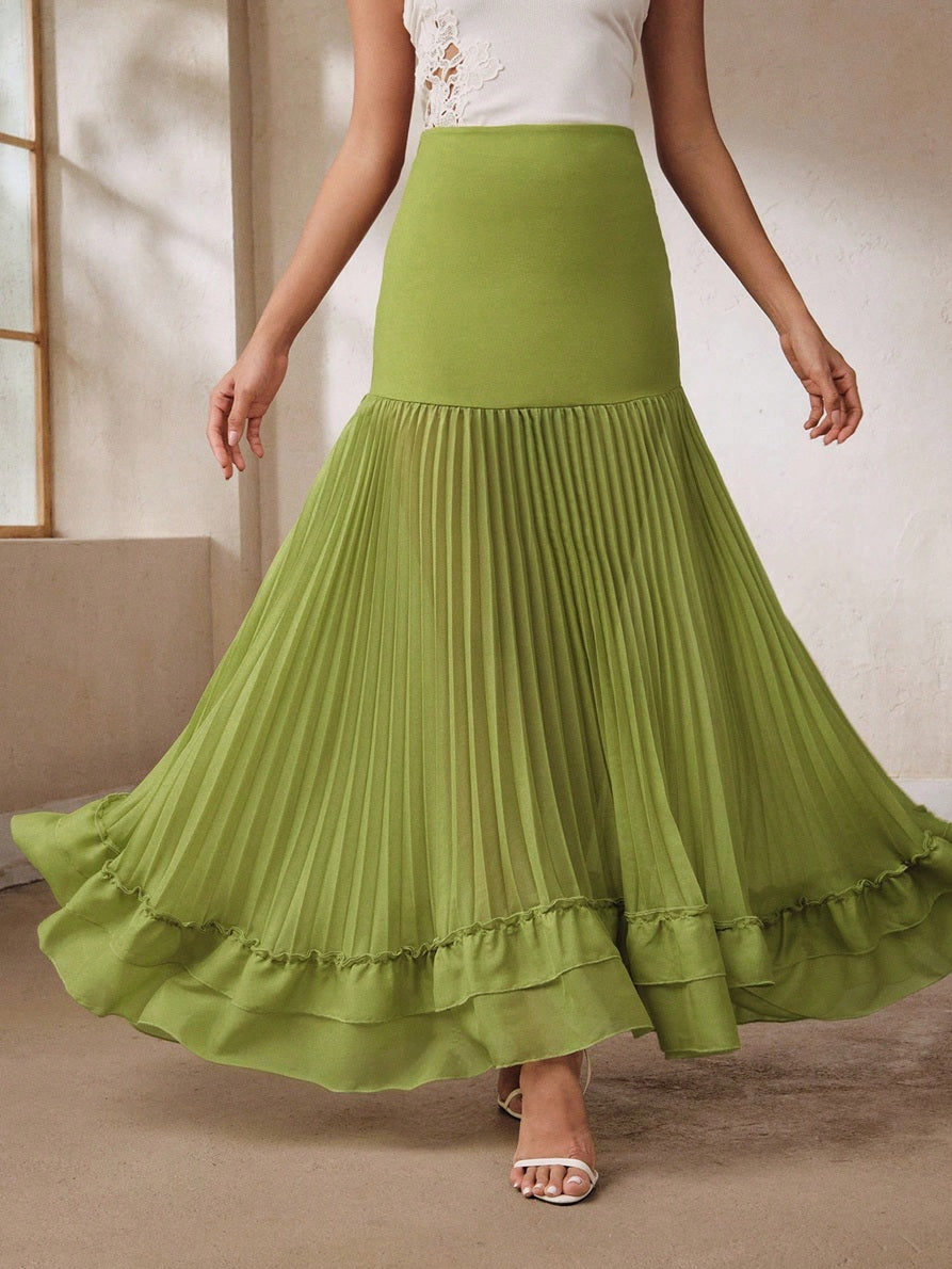 CM-BS352823 Women Elegant Seoul Style Mid-Waist Knitted Bodycon Pleated Fishtail Hem Skirt - Green