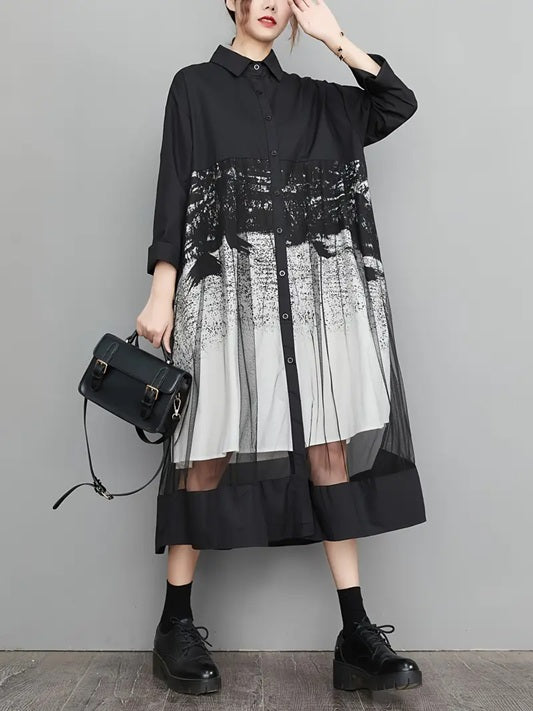 CM-DT134955 Women Elegant Seoul Style Square Neck Long Sleeve A-Line Tulle Mesh Dress
